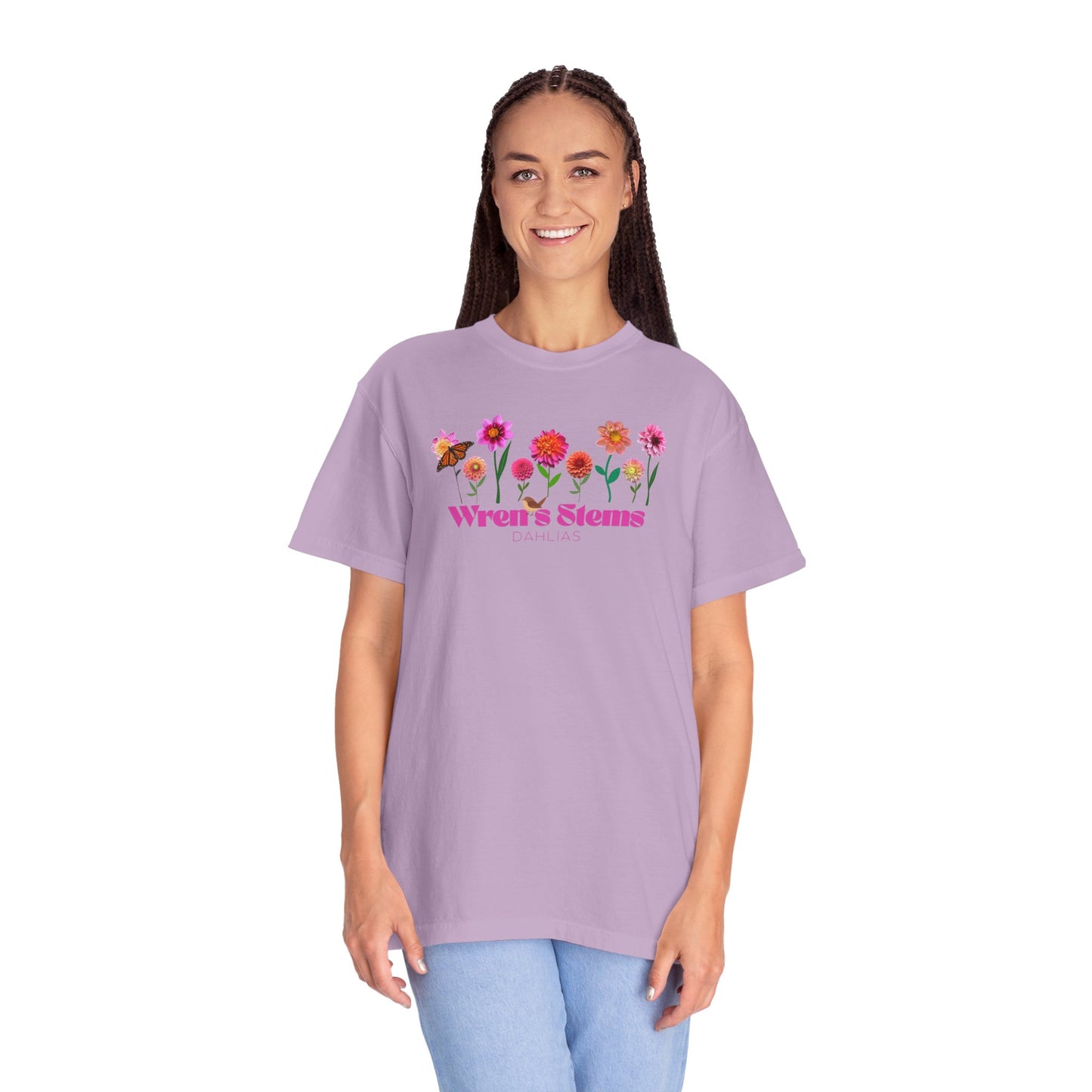 Dahlia Floral Garden T-Shirt for Nature Lovers, Gift for Her, Spring Style, Wren's Stems Dahlias, Summer Vibe