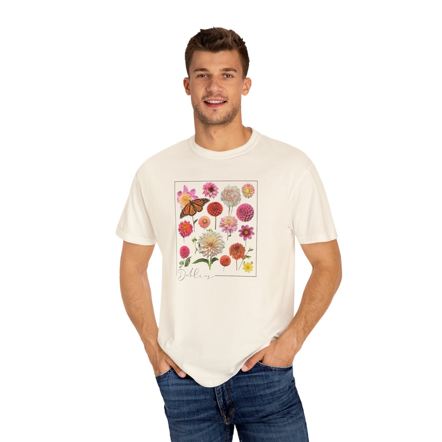 Dahlia Floral Butterfly Unisex Garment-Dyed T-Shirt - Perfect for Spring Celebrations