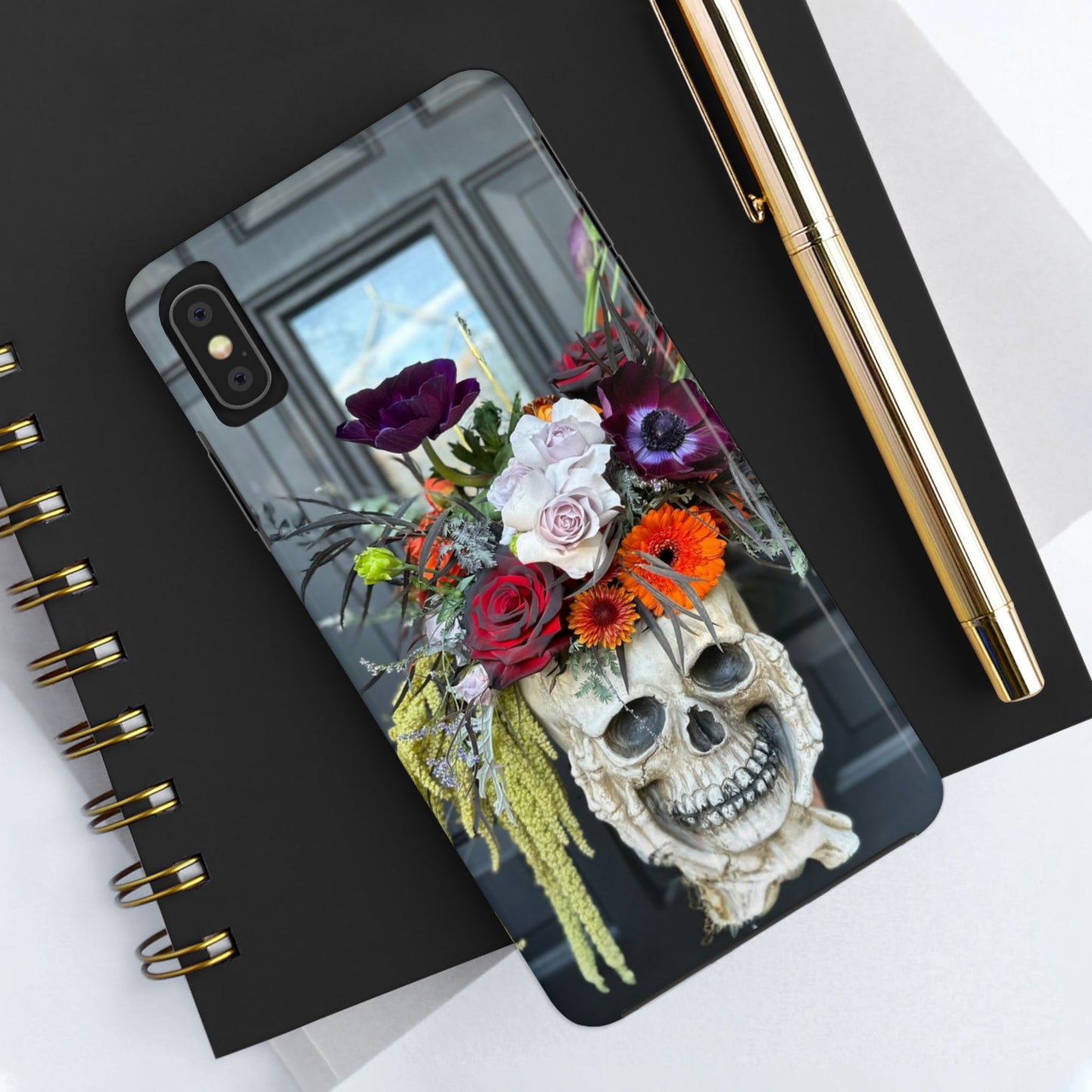 Floral Skull Tough Phone Case - Durable Protection with Pink Dahlia Design