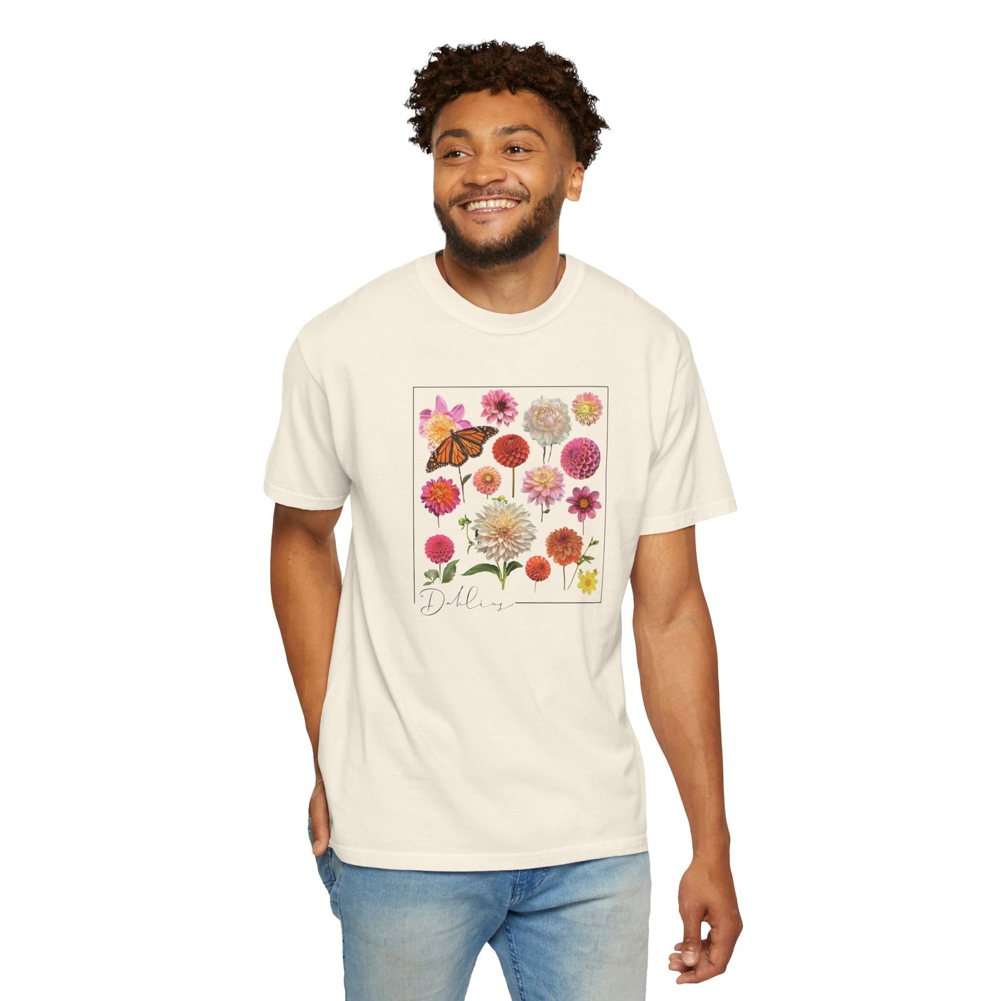 Dahlia Floral Butterfly Unisex Garment-Dyed T-Shirt - Perfect for Spring Celebrations