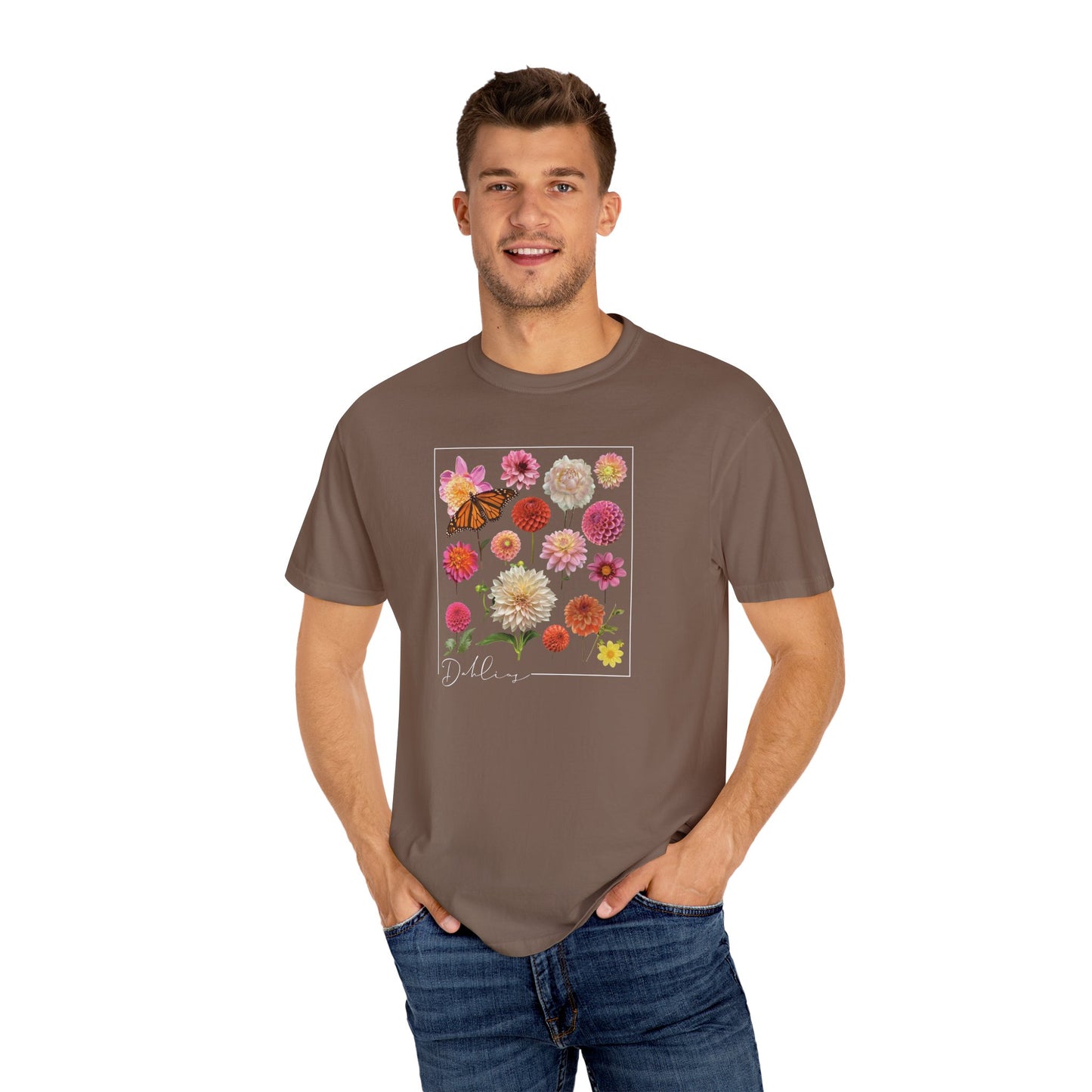 Dahlia Floral Butterfly Unisex Garment-Dyed T-Shirt - Perfect for Spring Celebrations
