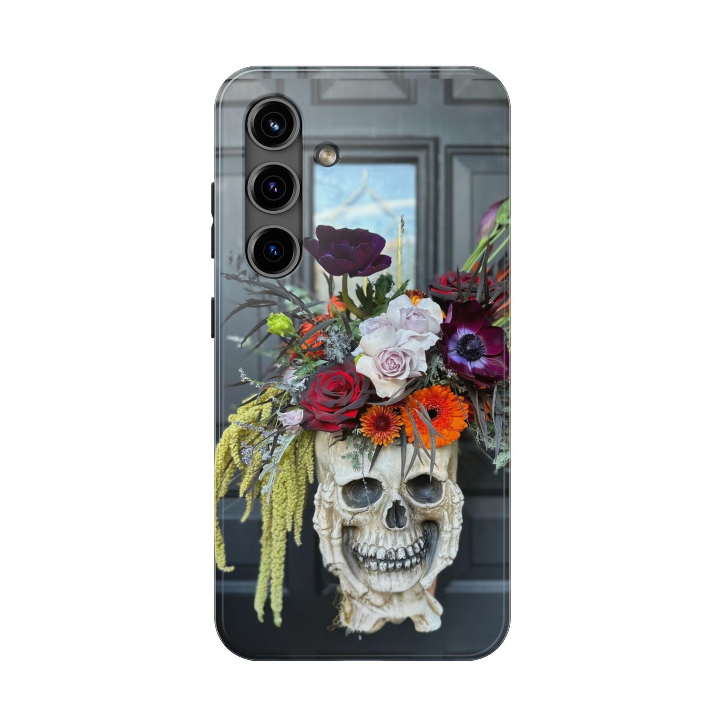 Floral Skull Tough Phone Case - Durable Protection with Pink Dahlia Design