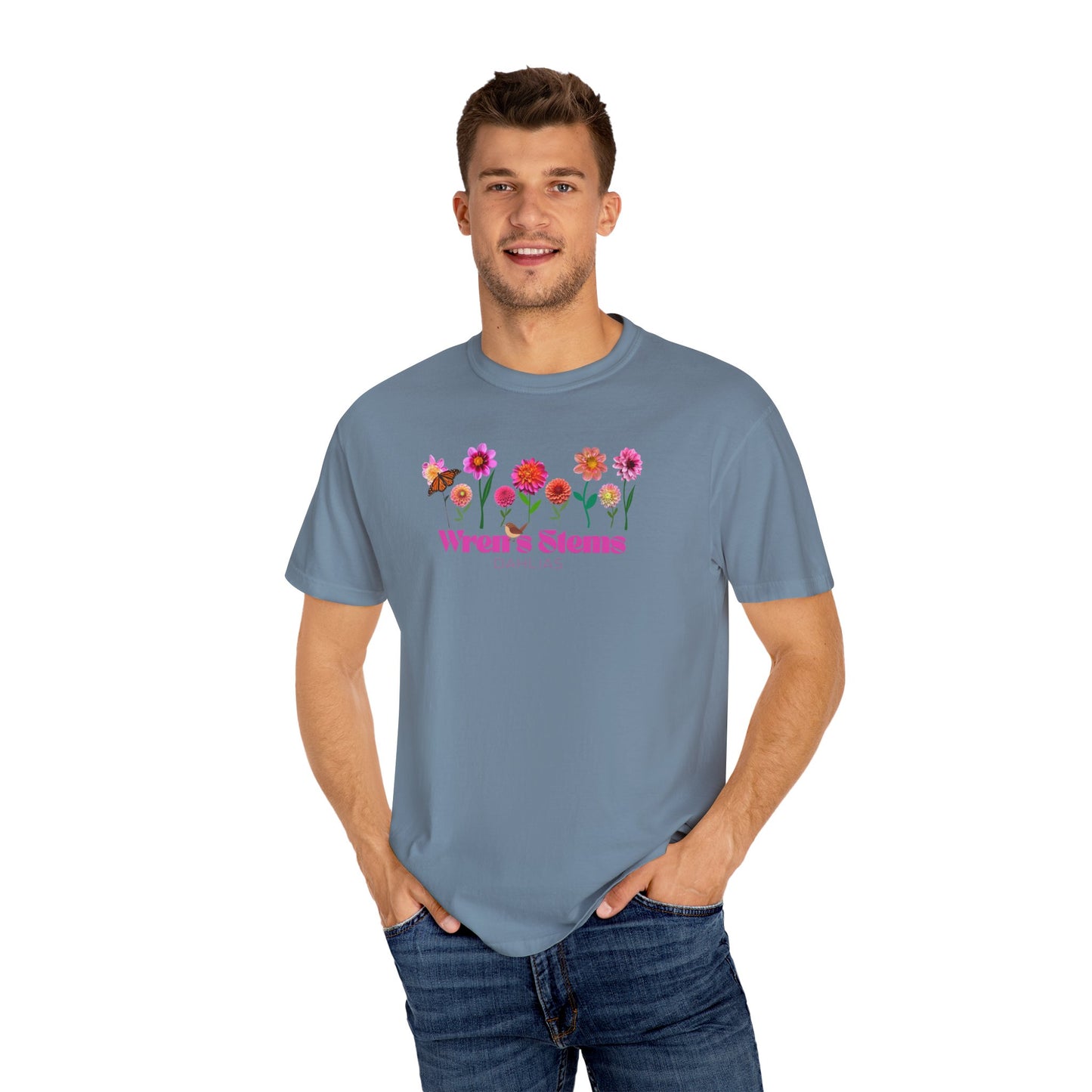 Dahlia Floral Garden T-Shirt for Nature Lovers, Gift for Her, Spring Style, Wren's Stems Dahlias, Summer Vibe