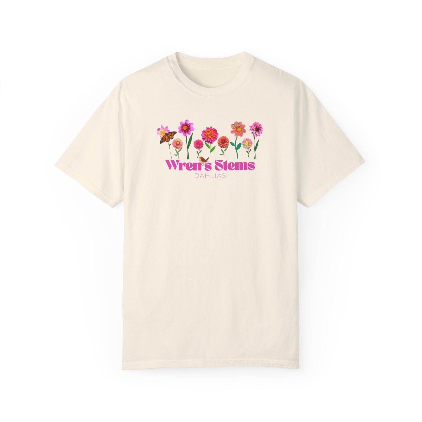 Dahlia Floral Garden T-Shirt for Nature Lovers, Gift for Her, Spring Style, Wren's Stems Dahlias, Summer Vibe