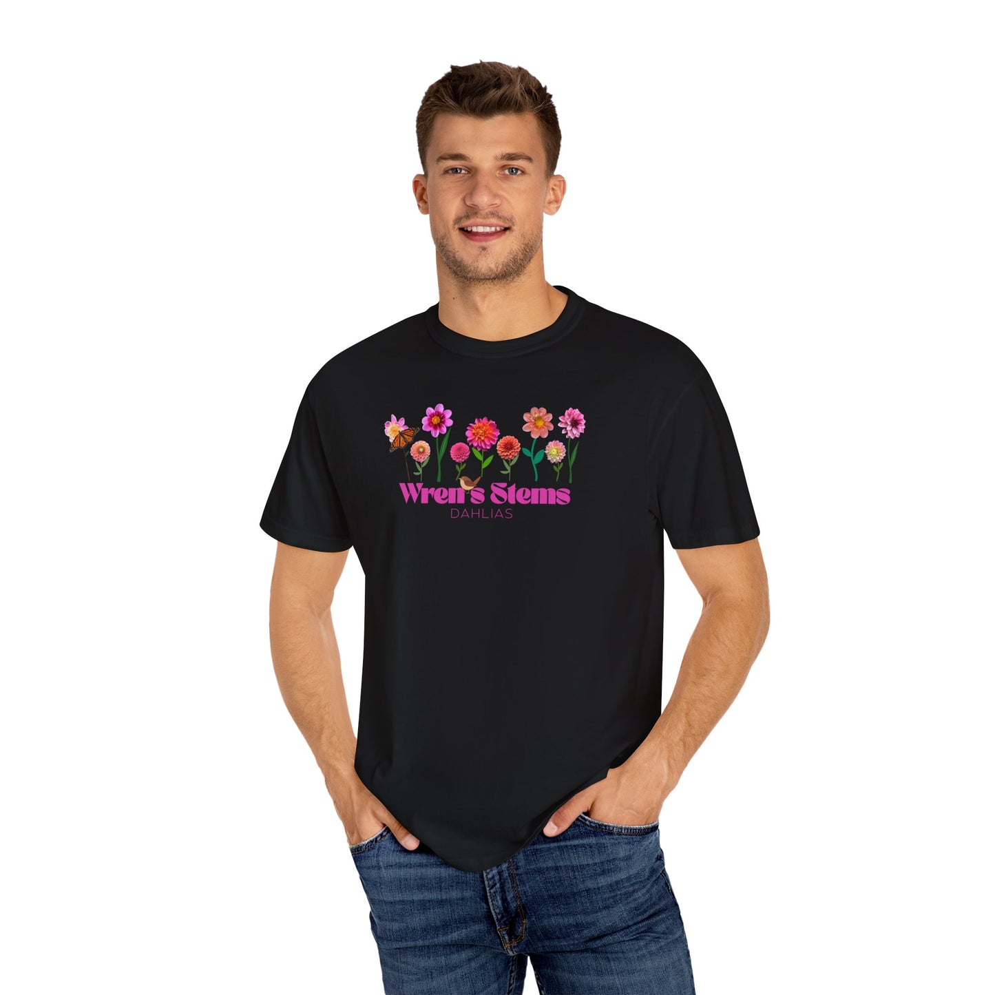 Dahlia Floral Garden T-Shirt for Nature Lovers, Gift for Her, Spring Style, Wren's Stems Dahlias, Summer Vibe