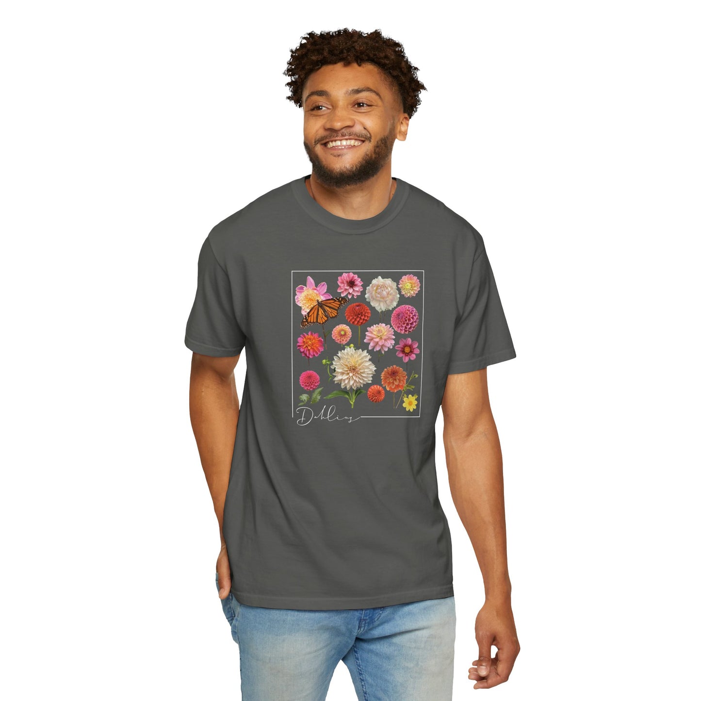 Dahlia Floral Butterfly Unisex Garment-Dyed T-Shirt - Perfect for Spring Celebrations