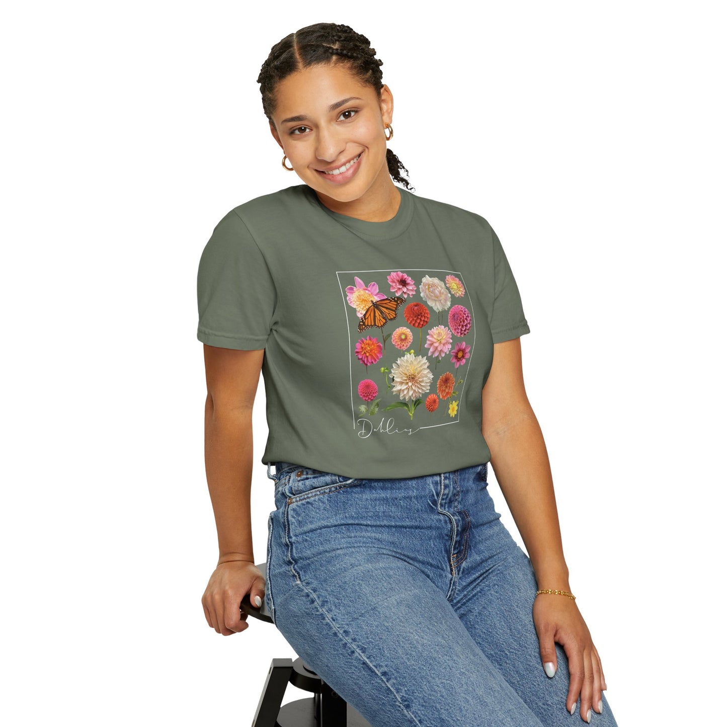 Dahlia Floral Butterfly Unisex Garment-Dyed T-Shirt - Perfect for Spring Celebrations