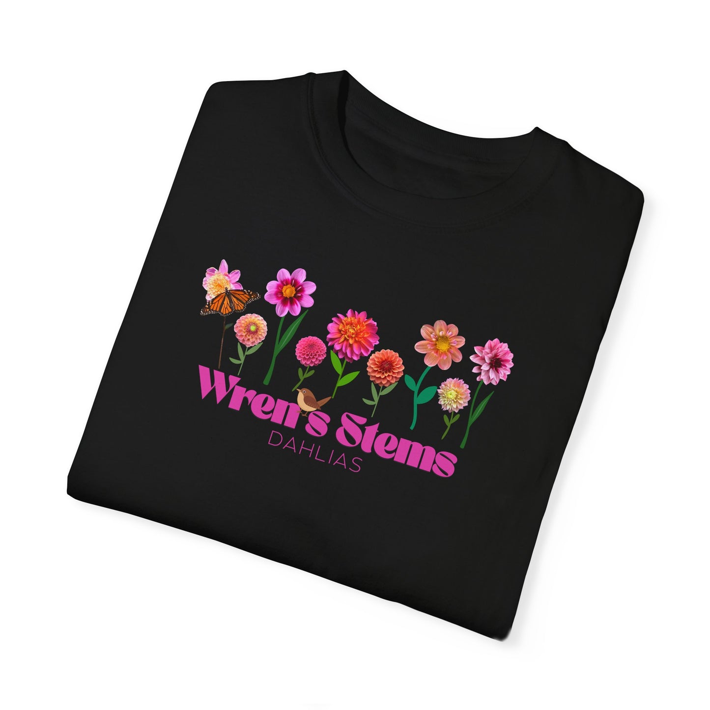 Dahlia Floral Garden T-Shirt for Nature Lovers, Gift for Her, Spring Style, Wren's Stems Dahlias, Summer Vibe