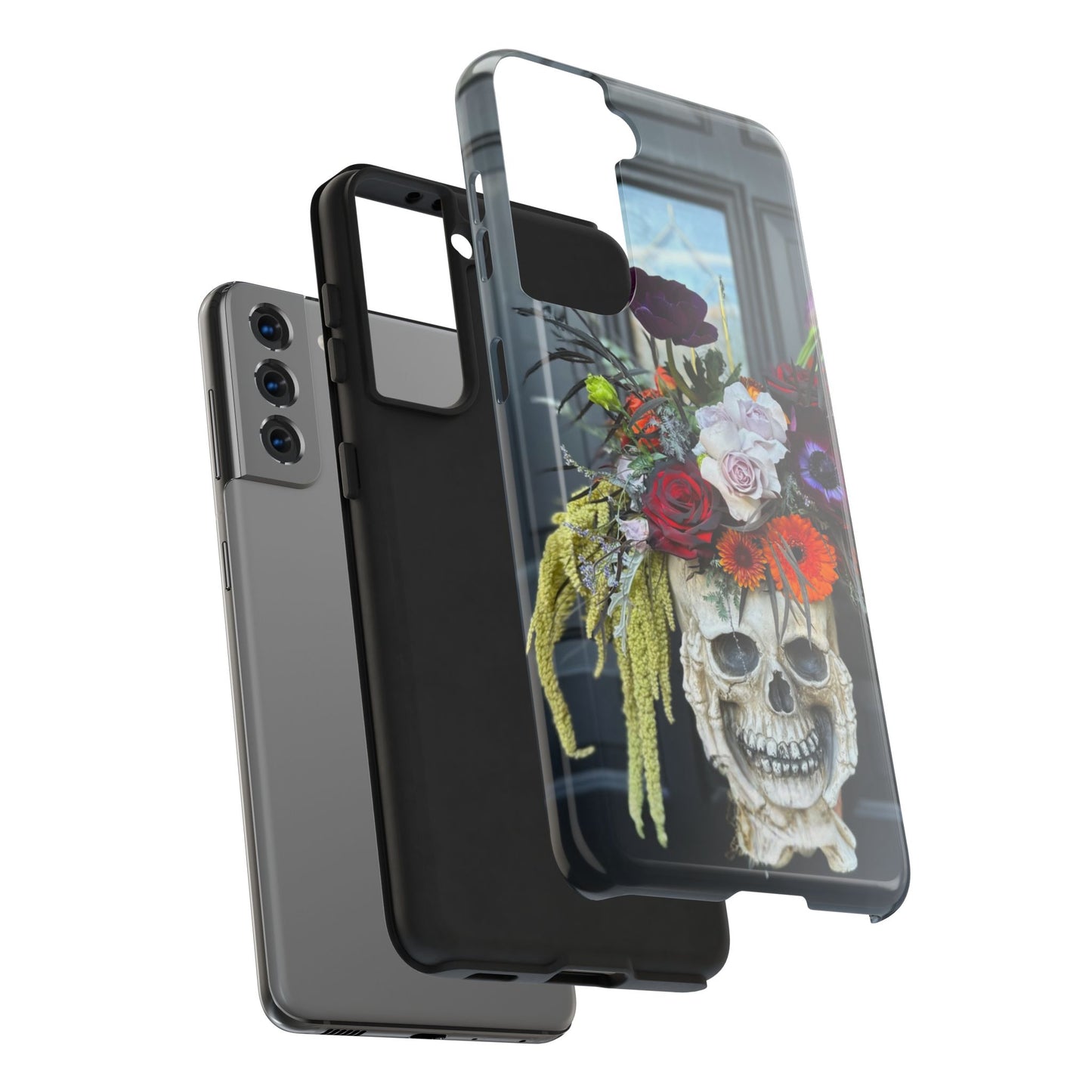 Floral Skull Tough Phone Case - Durable Protection with Pink Dahlia Design