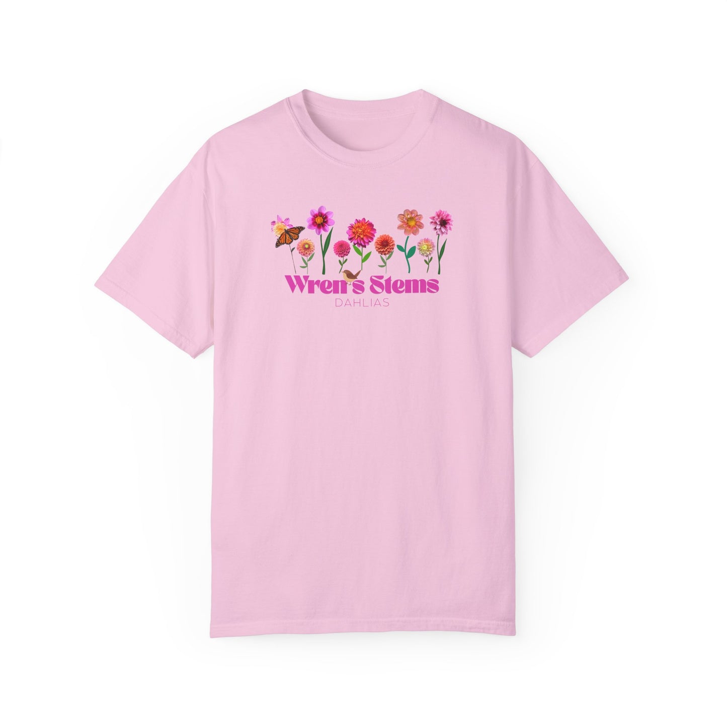 Dahlia Floral Garden T-Shirt for Nature Lovers, Gift for Her, Spring Style, Wren's Stems Dahlias, Summer Vibe