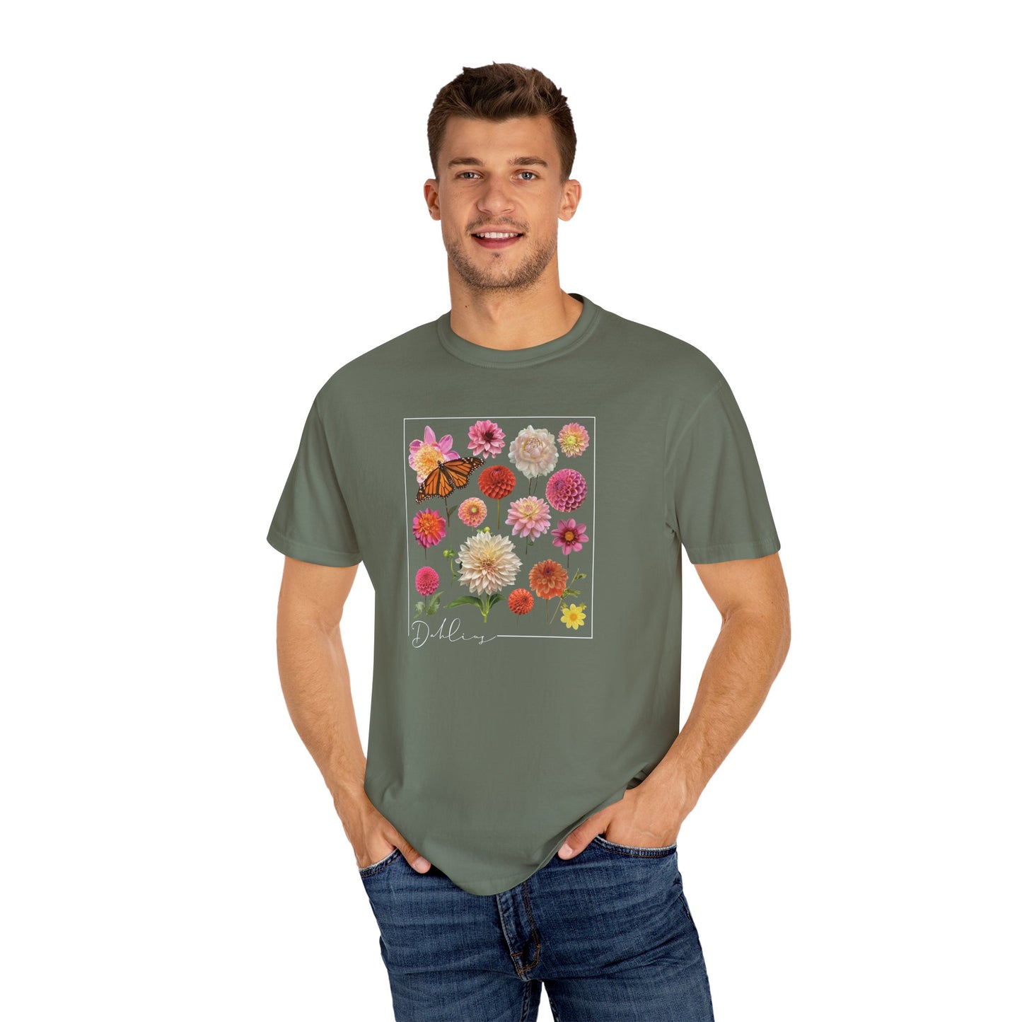 Dahlia Floral Butterfly Unisex Garment-Dyed T-Shirt - Perfect for Spring Celebrations