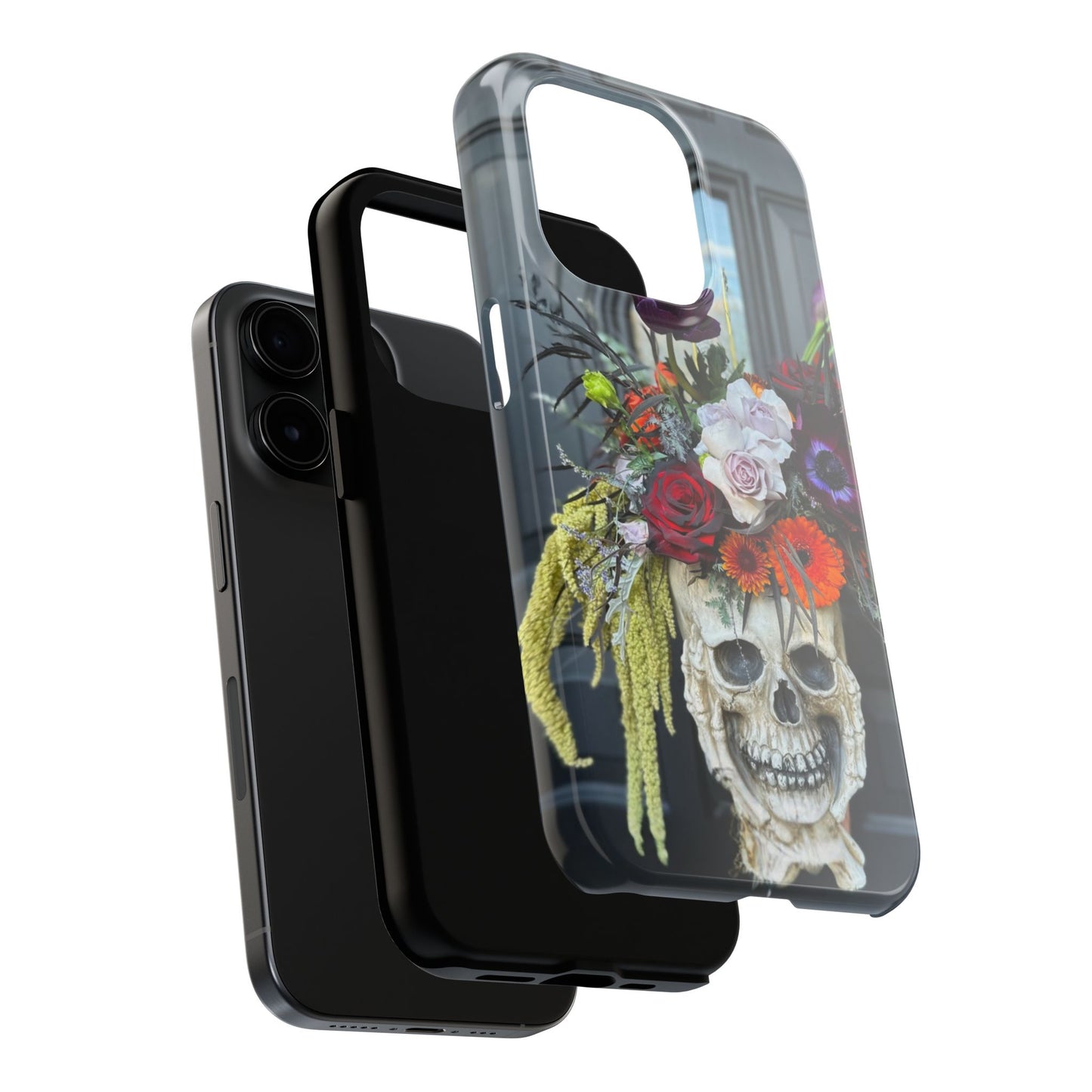 Floral Skull Tough Phone Case - Durable Protection with Pink Dahlia Design
