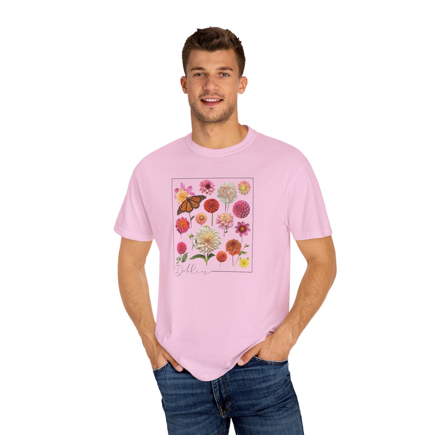 Dahlia Floral Butterfly Unisex Garment-Dyed T-Shirt - Perfect for Spring Celebrations