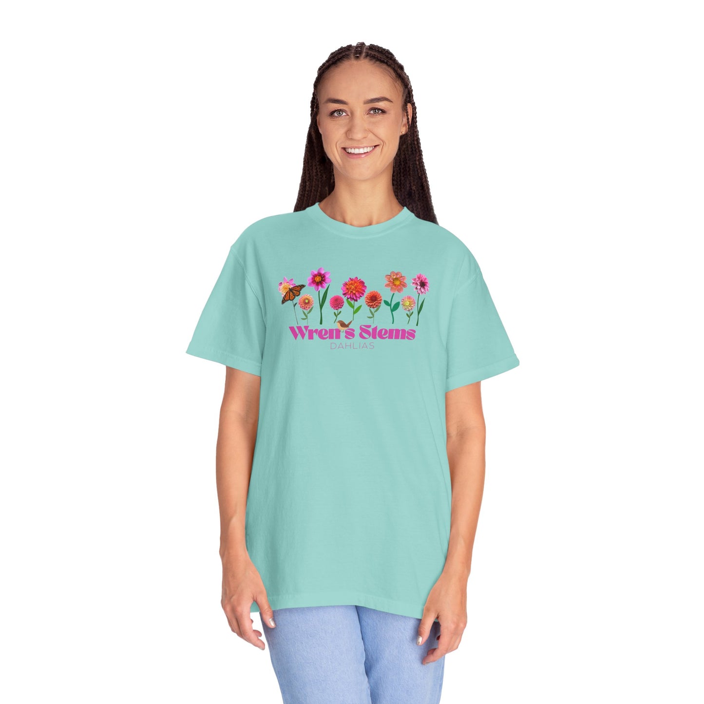 Dahlia Floral Garden T-Shirt for Nature Lovers, Gift for Her, Spring Style, Wren's Stems Dahlias, Summer Vibe
