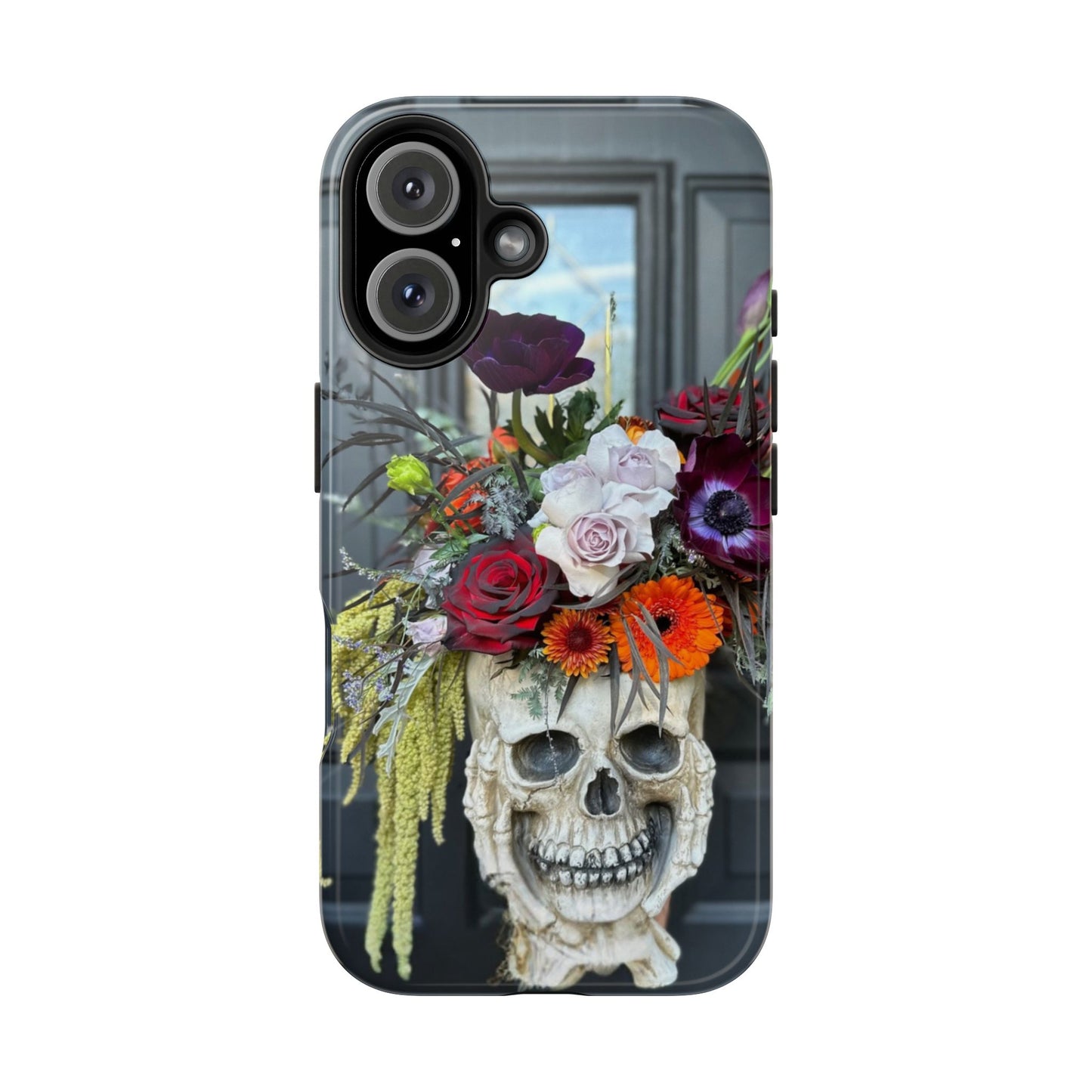 Floral Skull Tough Phone Case - Durable Protection with Pink Dahlia Design