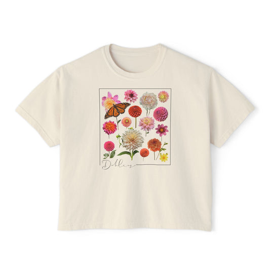 Dahlia Floral Butterfly Boxy Tee - Vintage Floral T-Shirt, Summer Vibe Top, Gift for Her, Nature Lovers Tee, Casual Wear, Spring Outfit