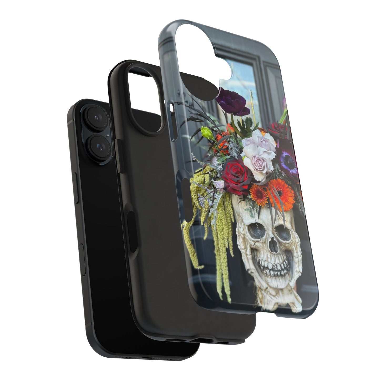 Floral Skull Tough Phone Case - Durable Protection with Pink Dahlia Design