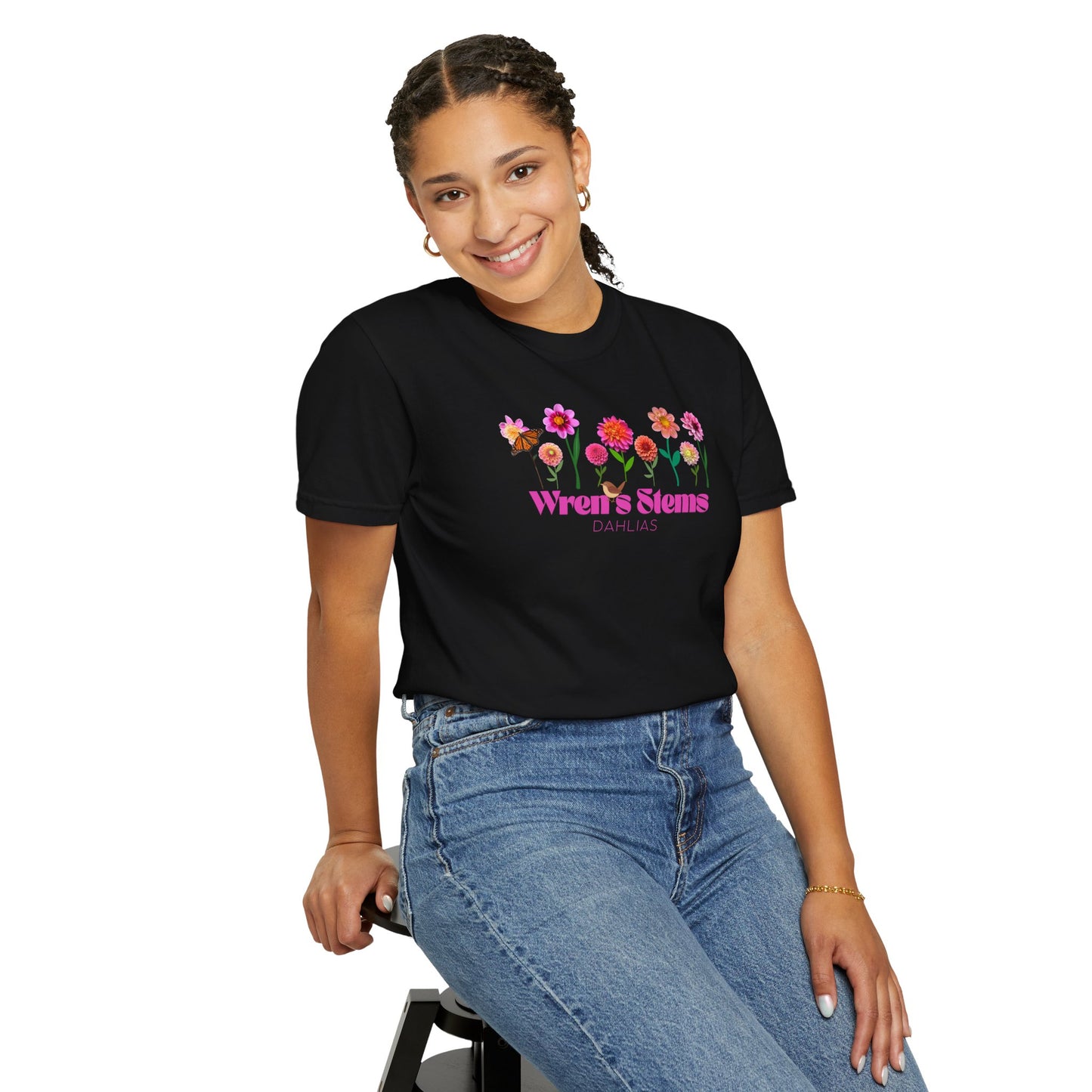 Dahlia Floral Garden T-Shirt for Nature Lovers, Gift for Her, Spring Style, Wren's Stems Dahlias, Summer Vibe