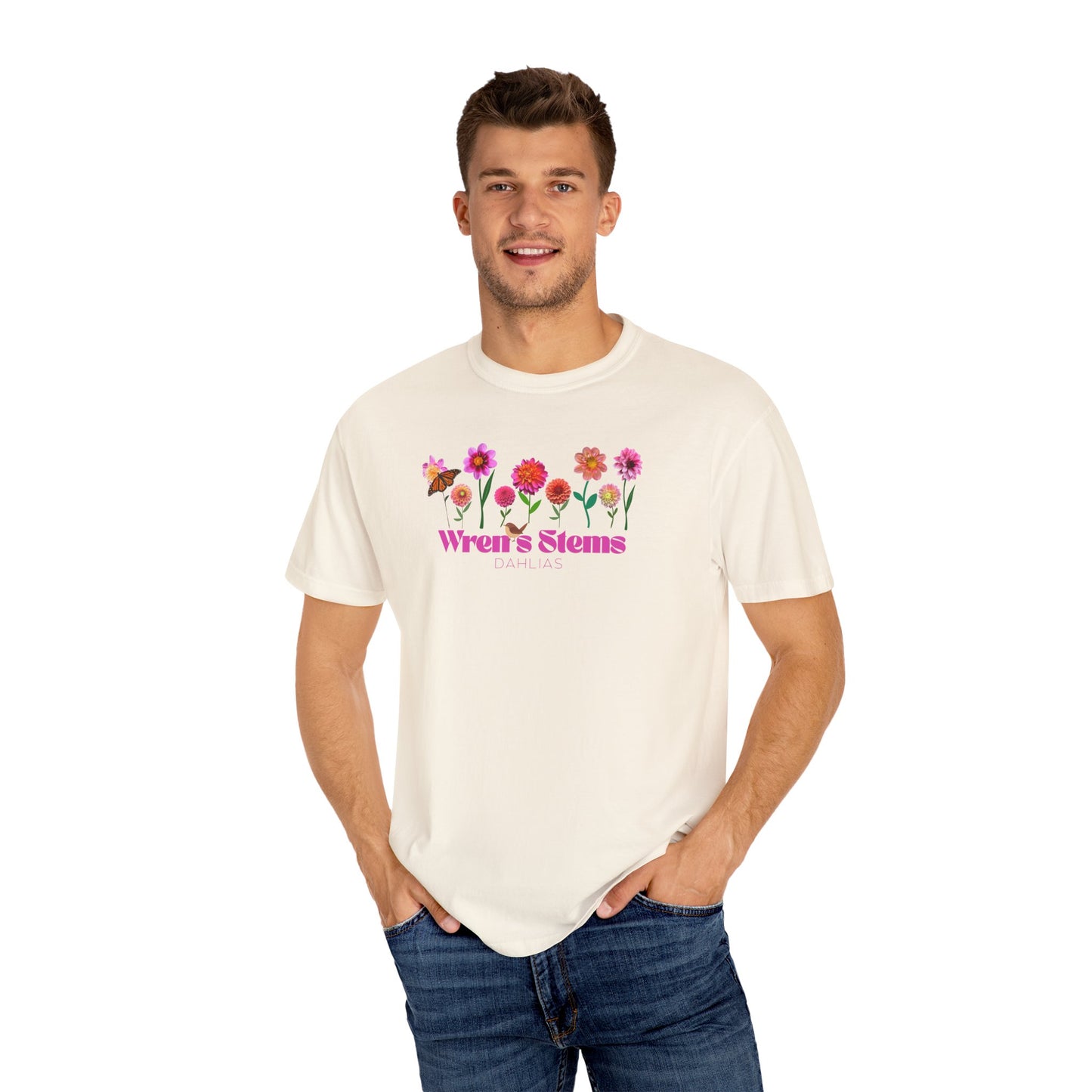 Dahlia Floral Garden T-Shirt for Nature Lovers, Gift for Her, Spring Style, Wren's Stems Dahlias, Summer Vibe
