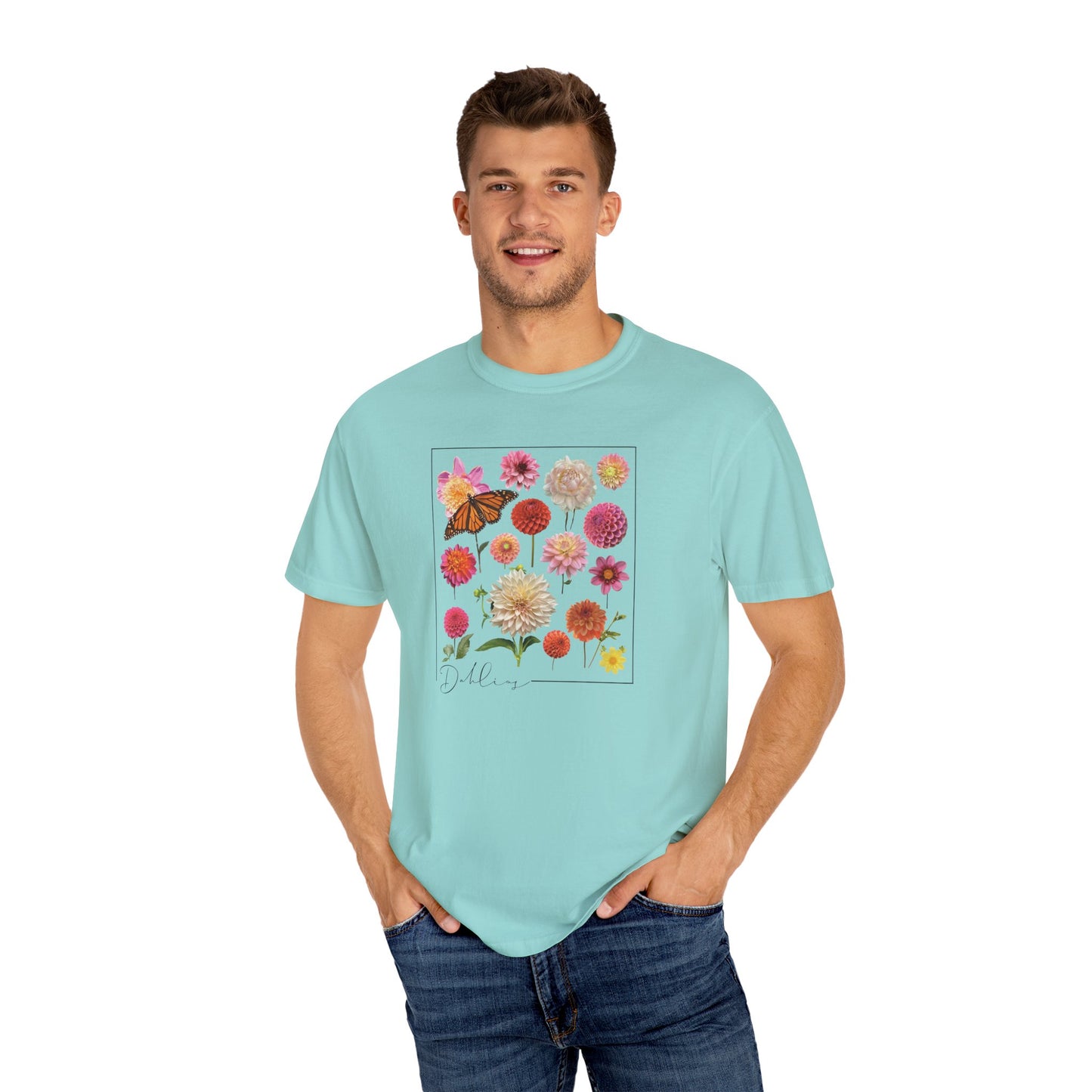 Dahlia Floral Butterfly Unisex Garment-Dyed T-Shirt - Perfect for Spring Celebrations