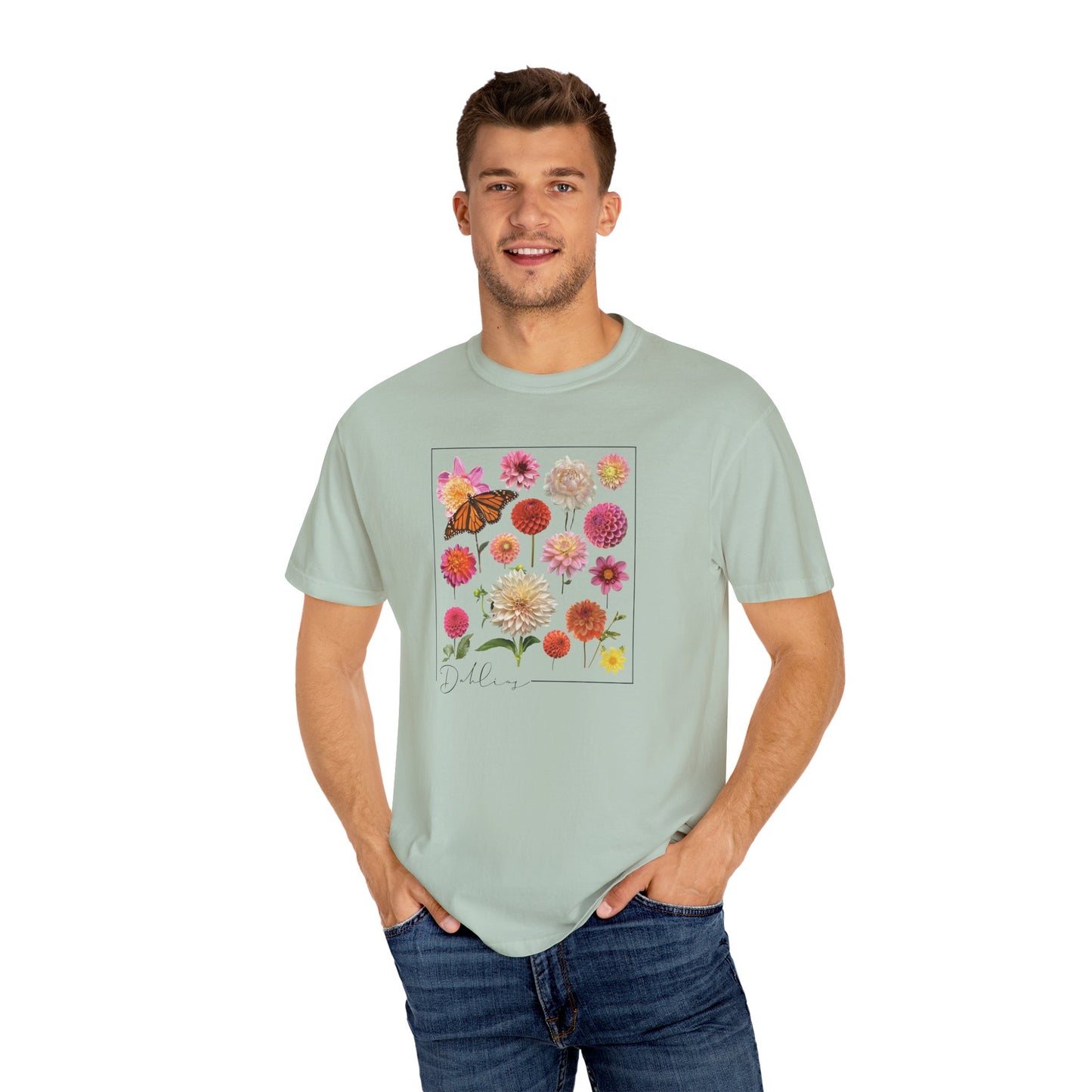Dahlia Floral Butterfly Unisex Garment-Dyed T-Shirt - Perfect for Spring Celebrations