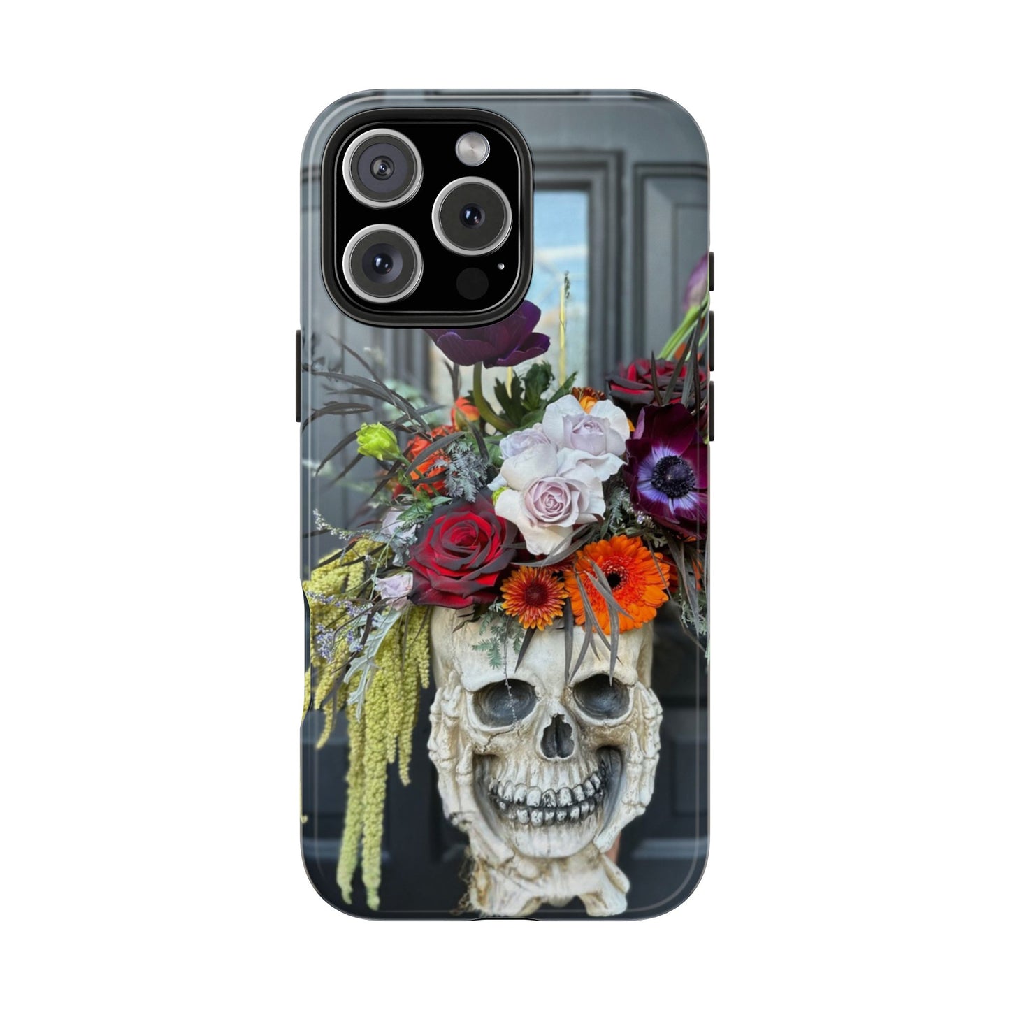 Floral Skull Tough Phone Case - Durable Protection with Pink Dahlia Design