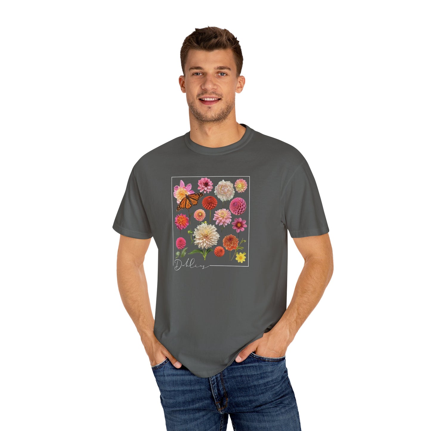 Dahlia Floral Butterfly Unisex Garment-Dyed T-Shirt - Perfect for Spring Celebrations