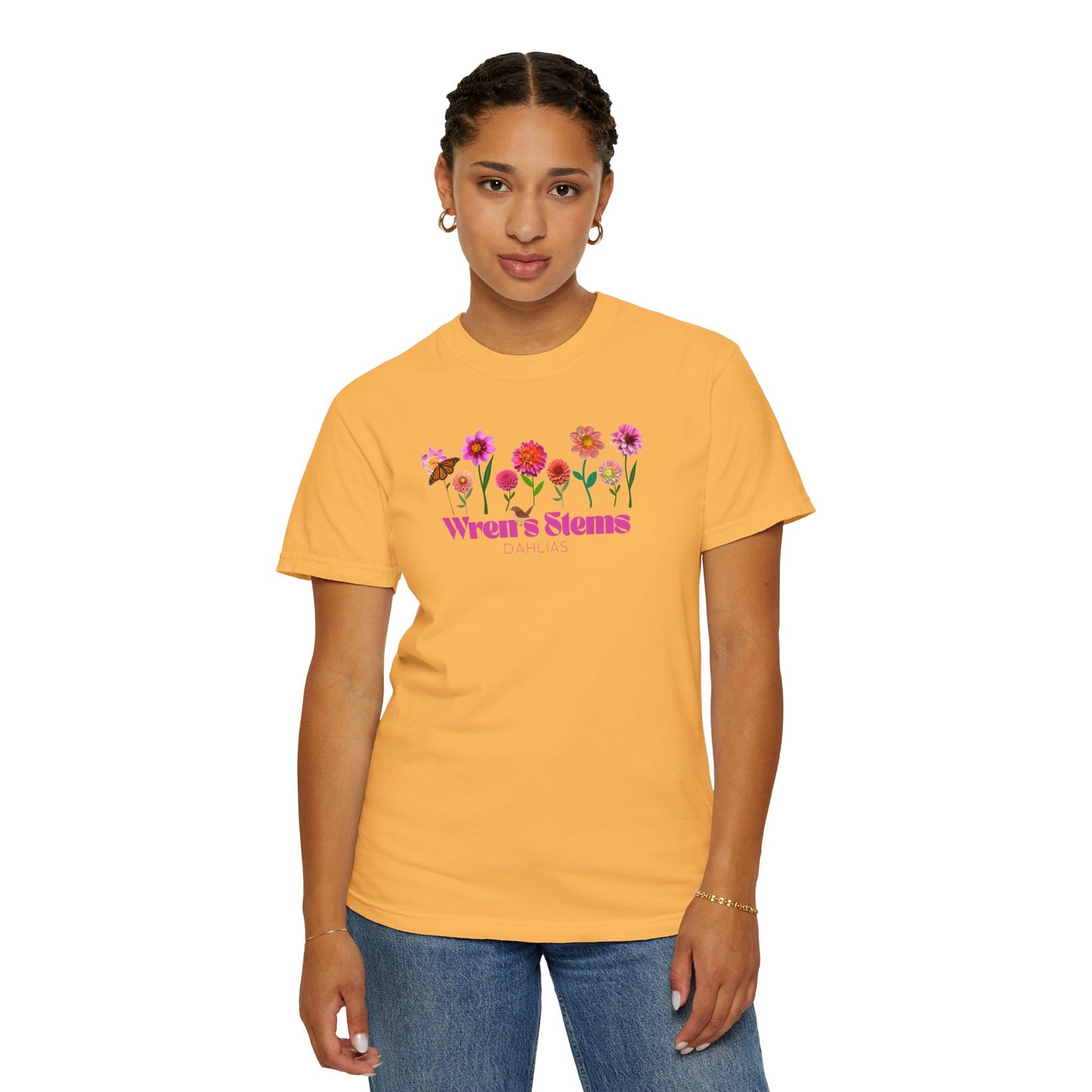 Dahlia Floral Garden T-Shirt for Nature Lovers, Gift for Her, Spring Style, Wren's Stems Dahlias, Summer Vibe