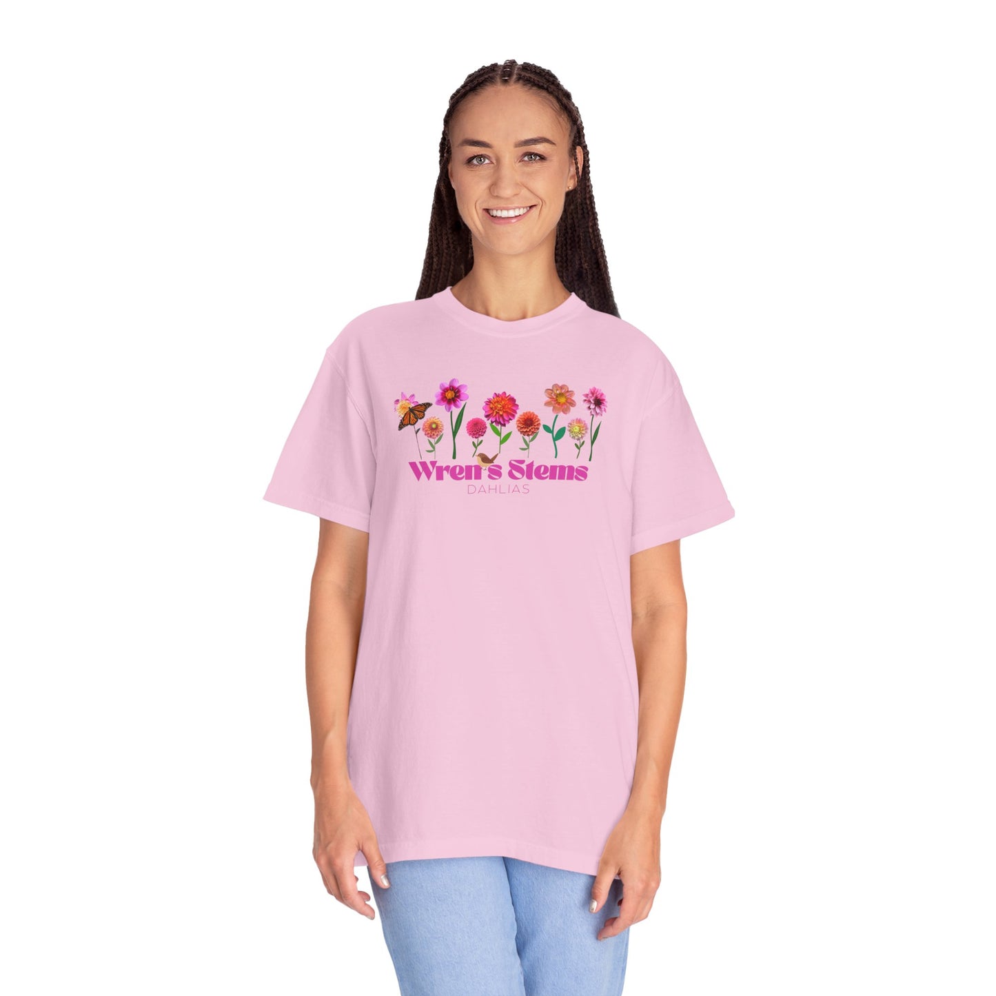 Dahlia Floral Garden T-Shirt for Nature Lovers, Gift for Her, Spring Style, Wren's Stems Dahlias, Summer Vibe