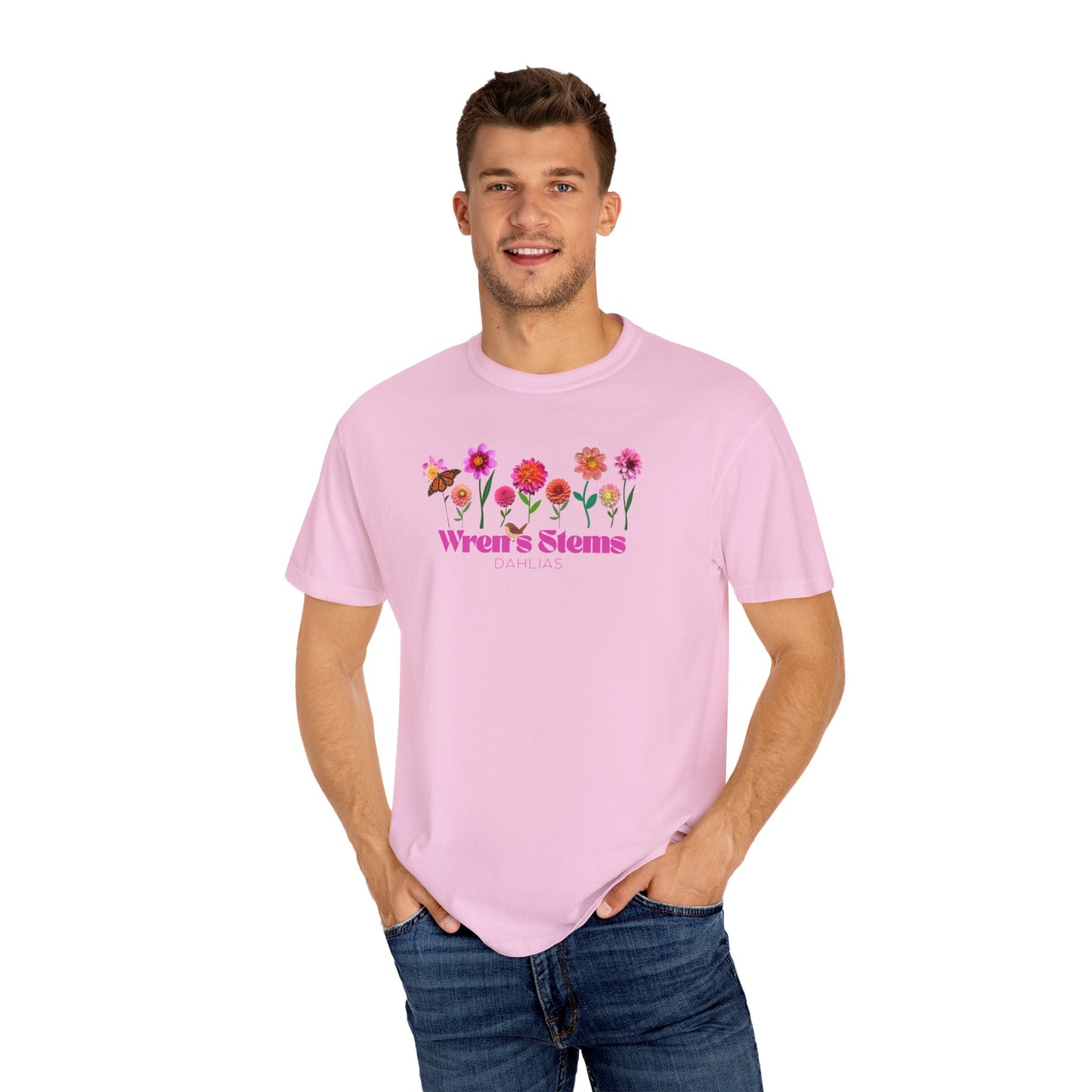 Dahlia Floral Garden T-Shirt for Nature Lovers, Gift for Her, Spring Style, Wren's Stems Dahlias, Summer Vibe