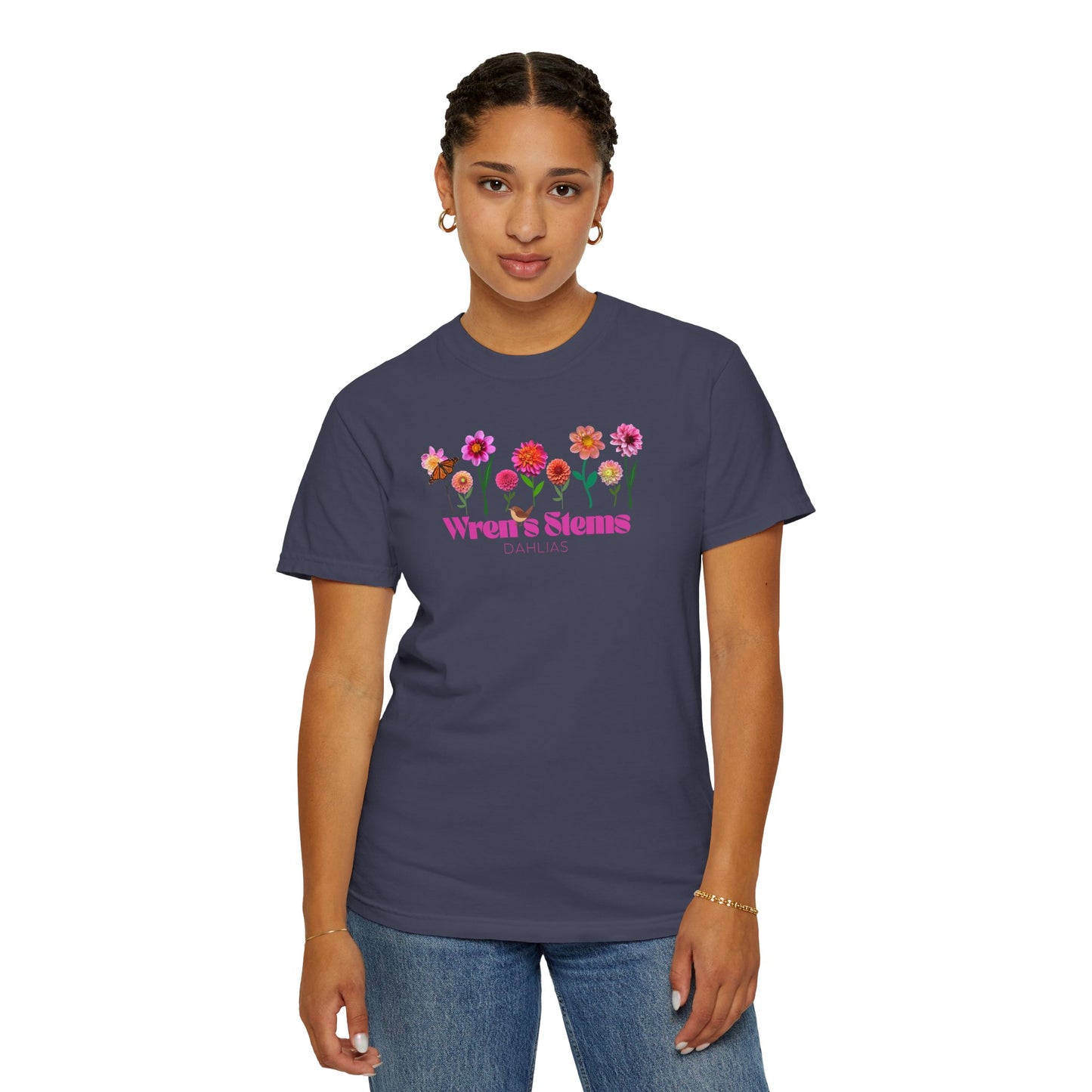 Dahlia Floral Garden T-Shirt for Nature Lovers, Gift for Her, Spring Style, Wren's Stems Dahlias, Summer Vibe