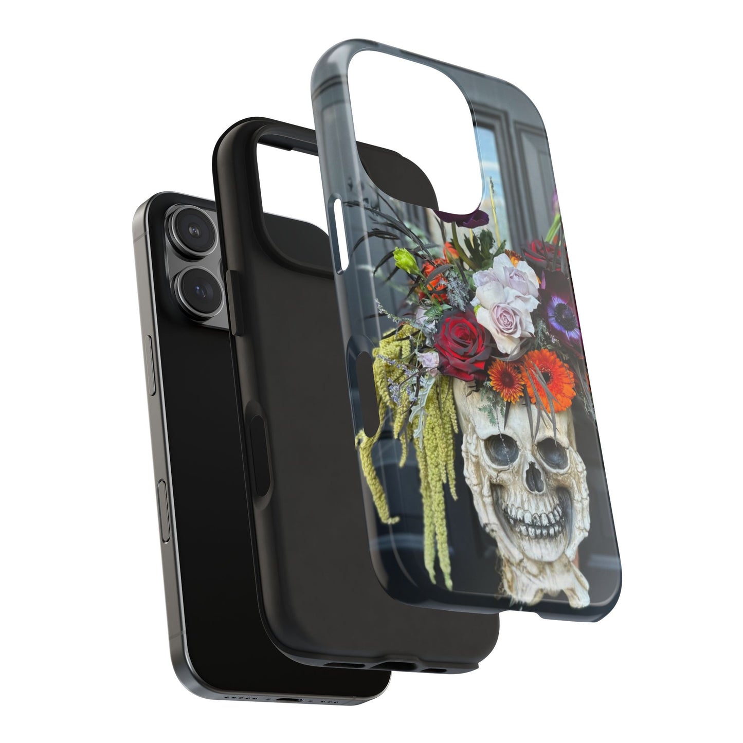 Floral Skull Tough Phone Case - Durable Protection with Pink Dahlia Design