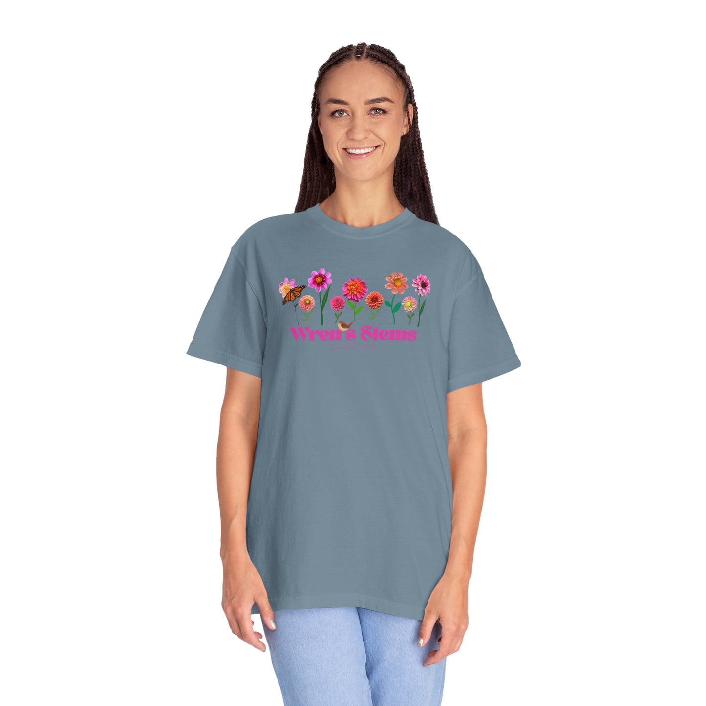 Dahlia Floral Garden T-Shirt for Nature Lovers, Gift for Her, Spring Style, Wren's Stems Dahlias, Summer Vibe