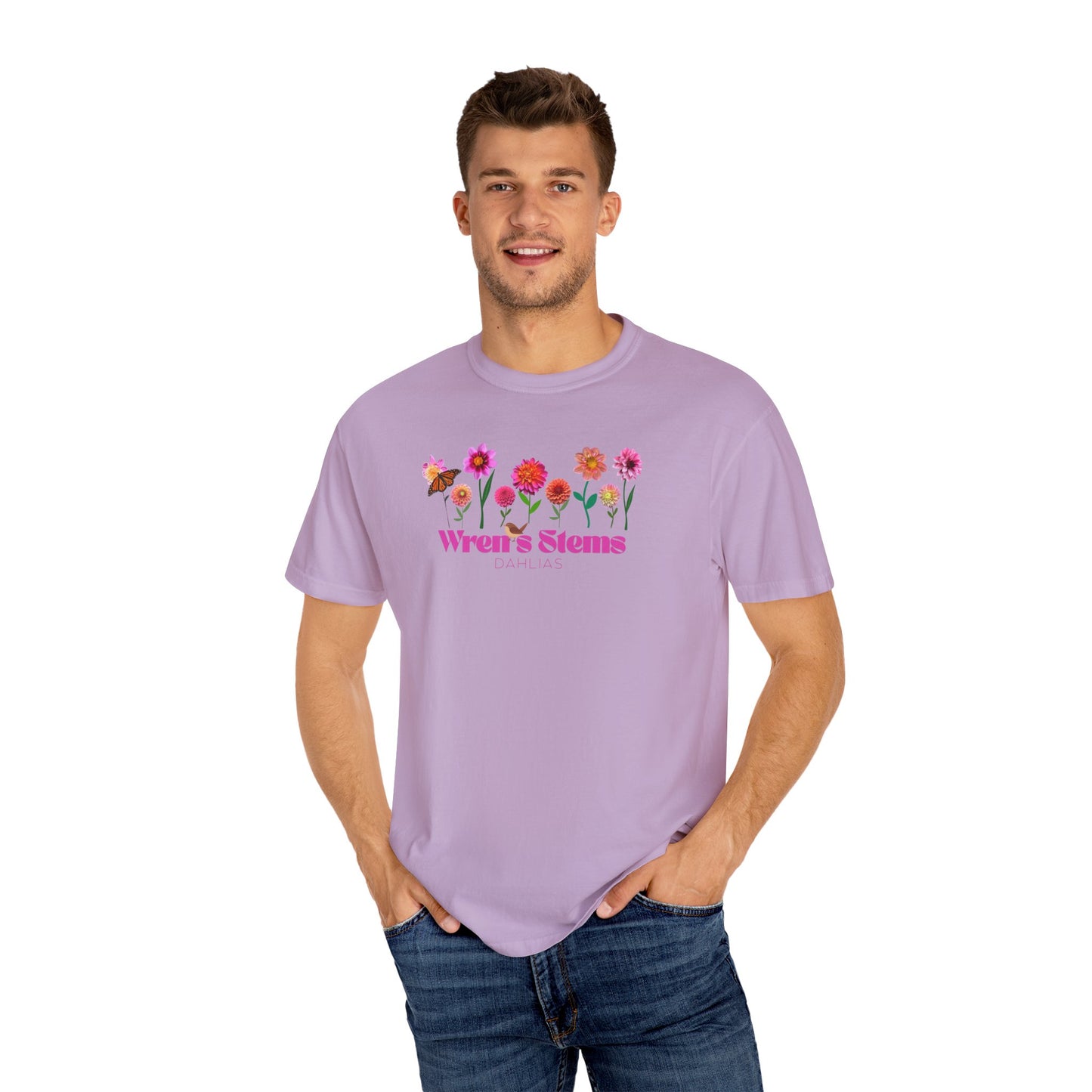 Dahlia Floral Garden T-Shirt for Nature Lovers, Gift for Her, Spring Style, Wren's Stems Dahlias, Summer Vibe