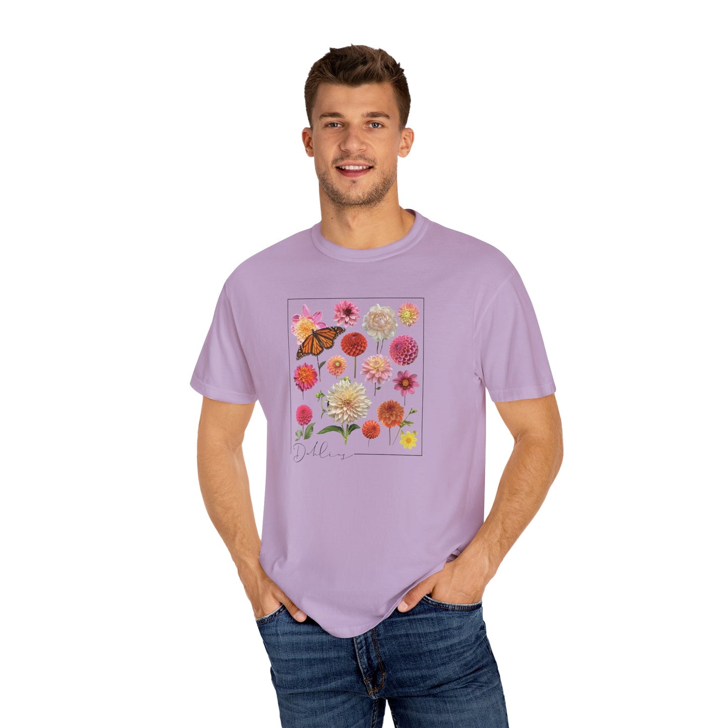 Dahlia Floral Butterfly Unisex Garment-Dyed T-Shirt - Perfect for Spring Celebrations