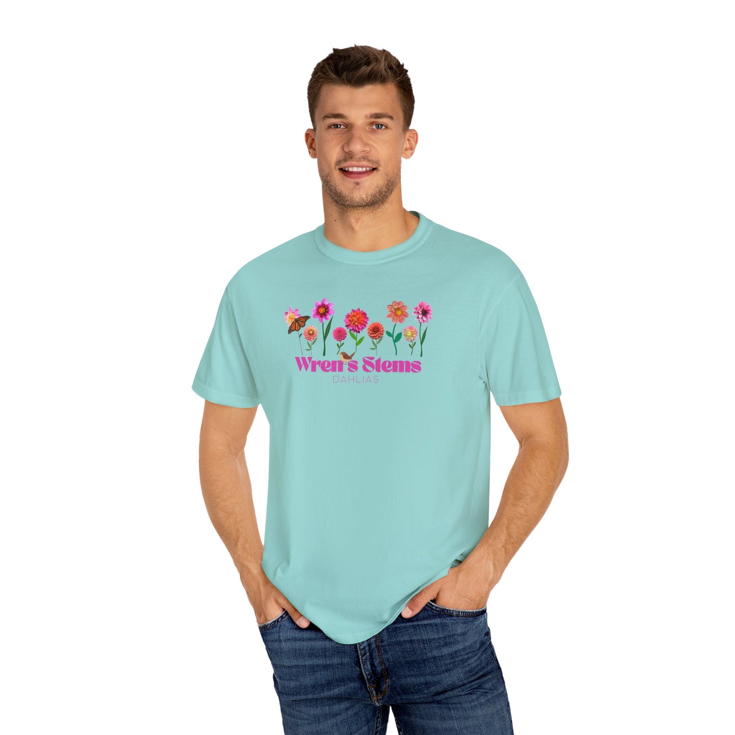 Dahlia Floral Garden T-Shirt for Nature Lovers, Gift for Her, Spring Style, Wren's Stems Dahlias, Summer Vibe
