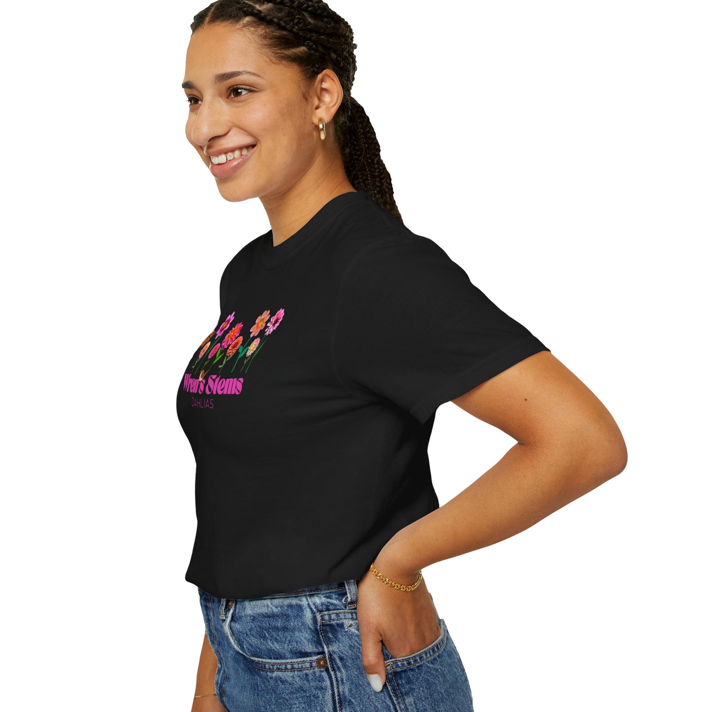 Dahlia Floral Garden T-Shirt for Nature Lovers, Gift for Her, Spring Style, Wren's Stems Dahlias, Summer Vibe