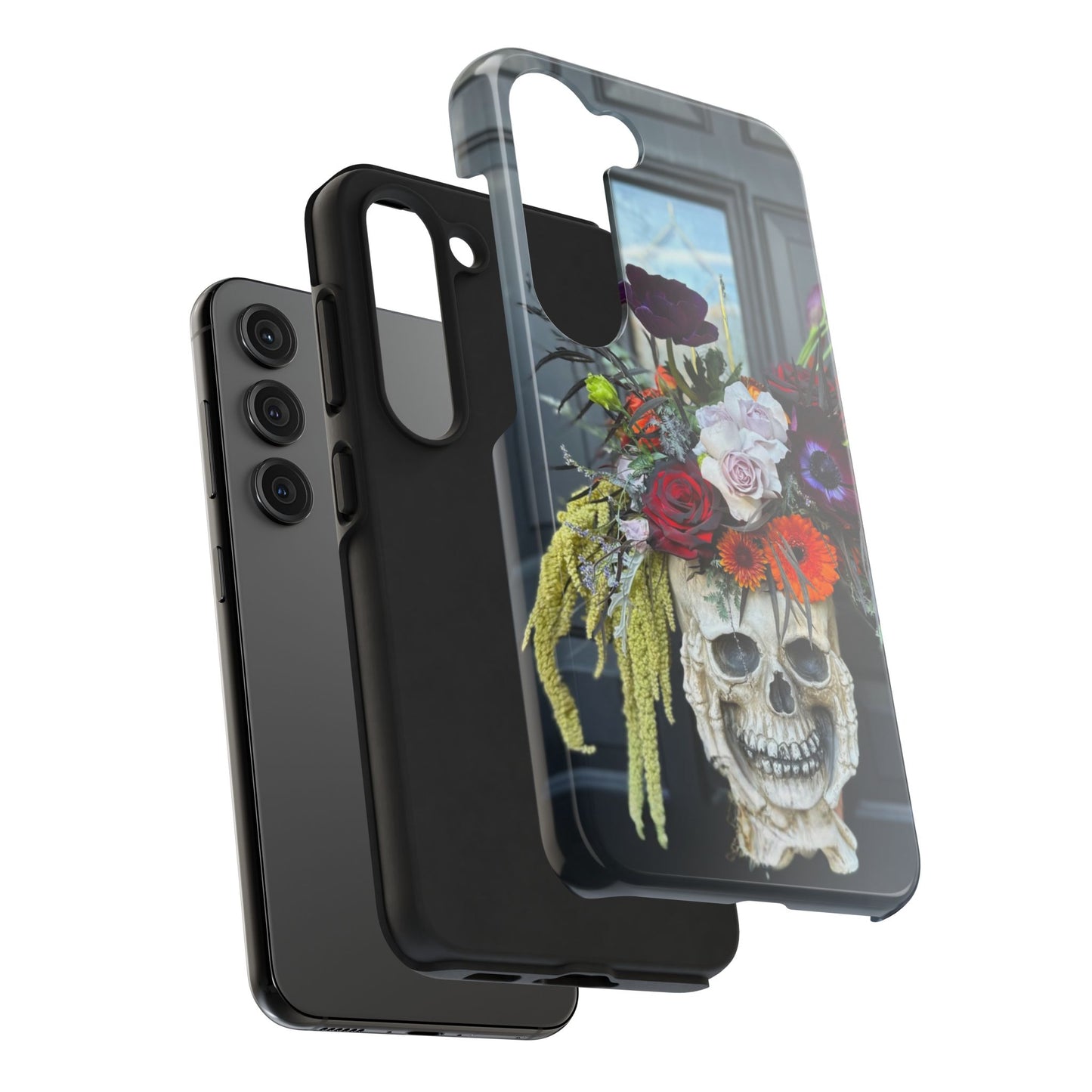 Floral Skull Tough Phone Case - Durable Protection with Pink Dahlia Design