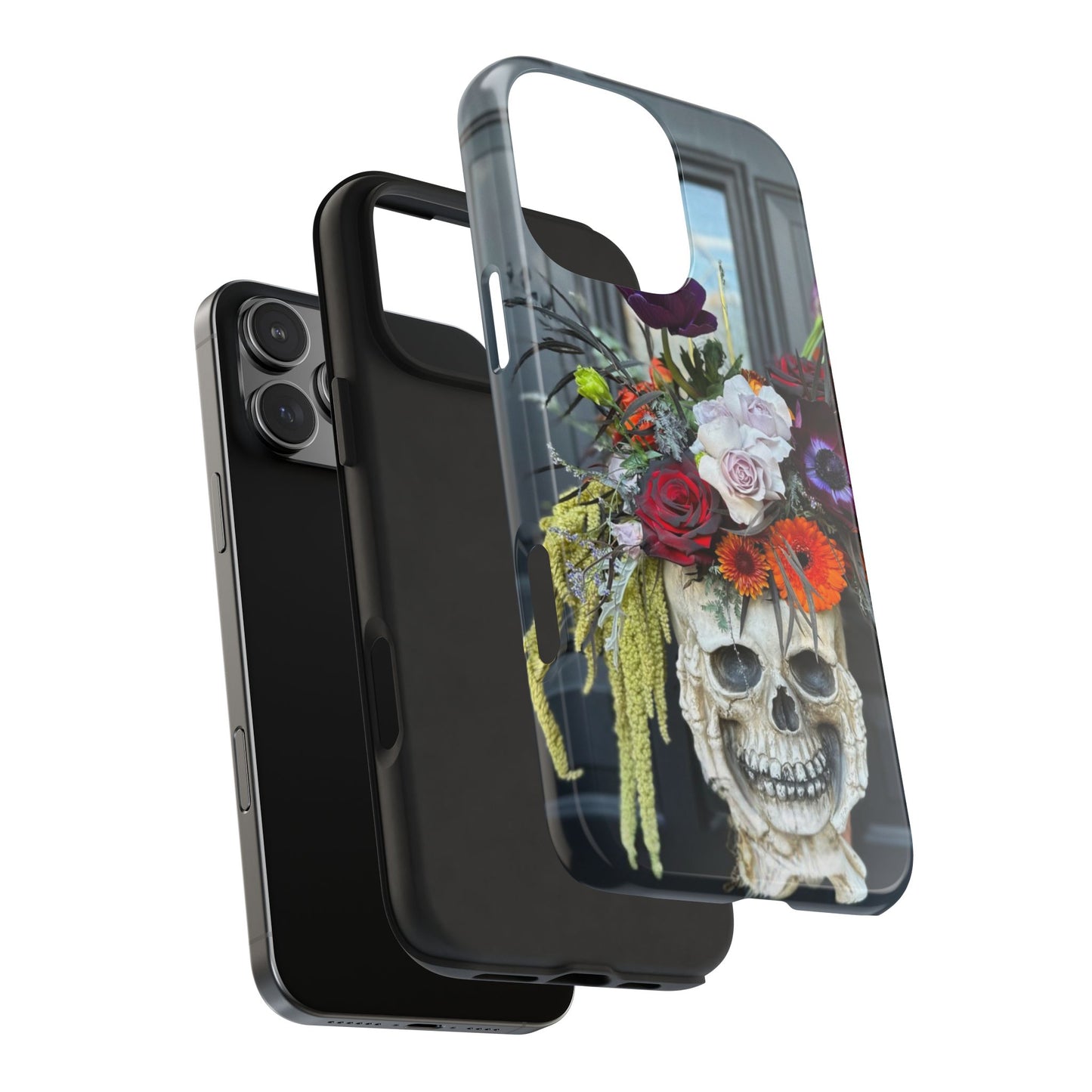 Floral Skull Tough Phone Case - Durable Protection with Pink Dahlia Design