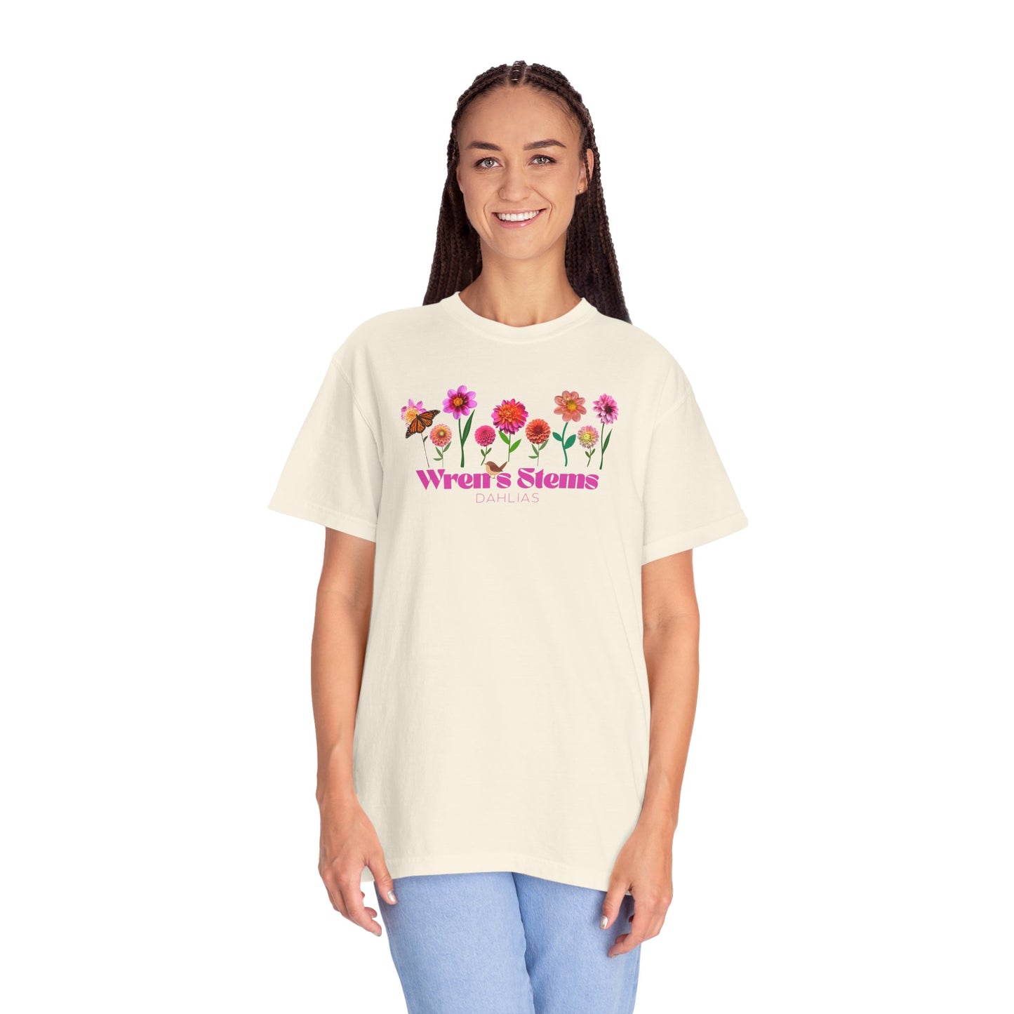 Dahlia Floral Garden T-Shirt for Nature Lovers, Gift for Her, Spring Style, Wren's Stems Dahlias, Summer Vibe
