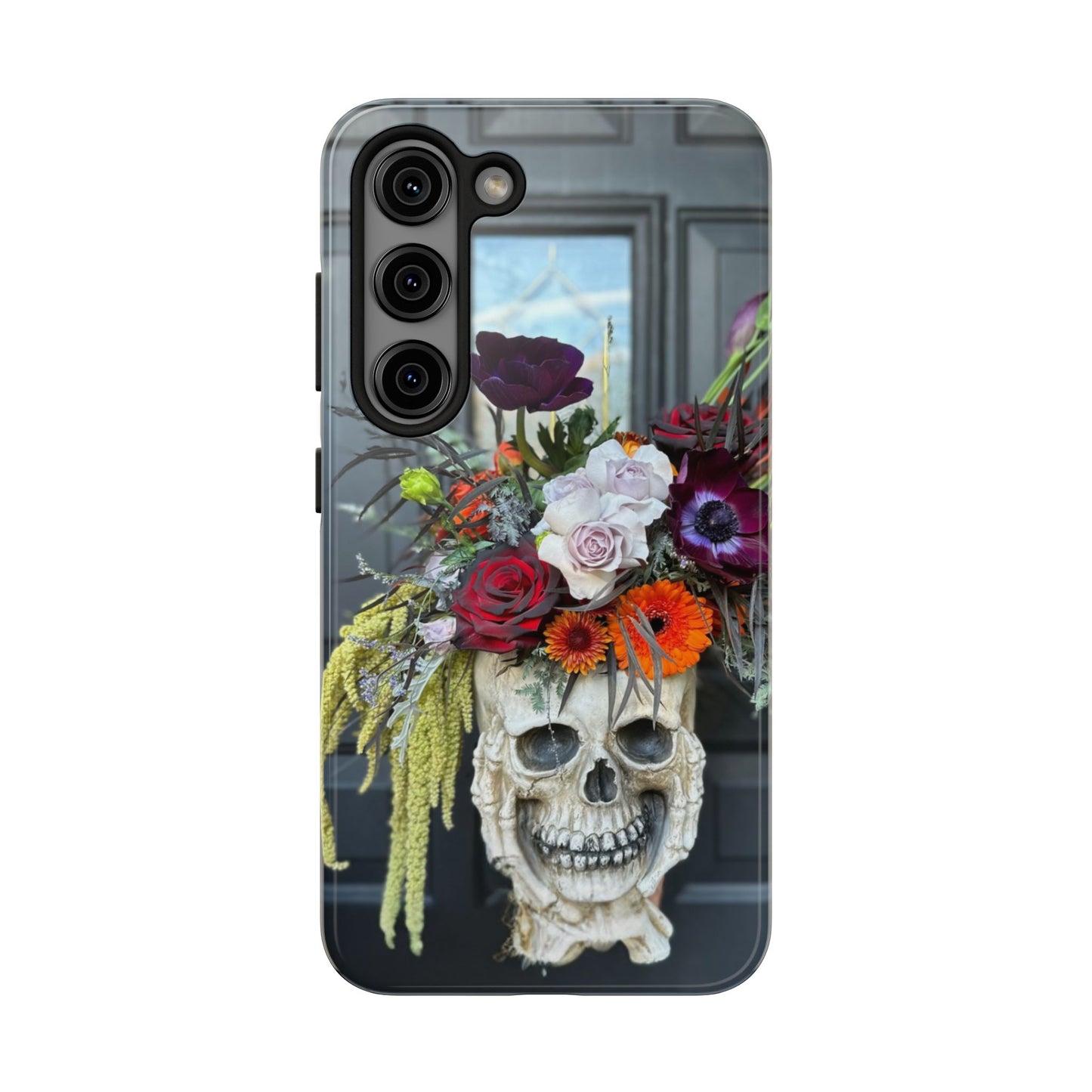 Floral Skull Tough Phone Case - Durable Protection with Pink Dahlia Design