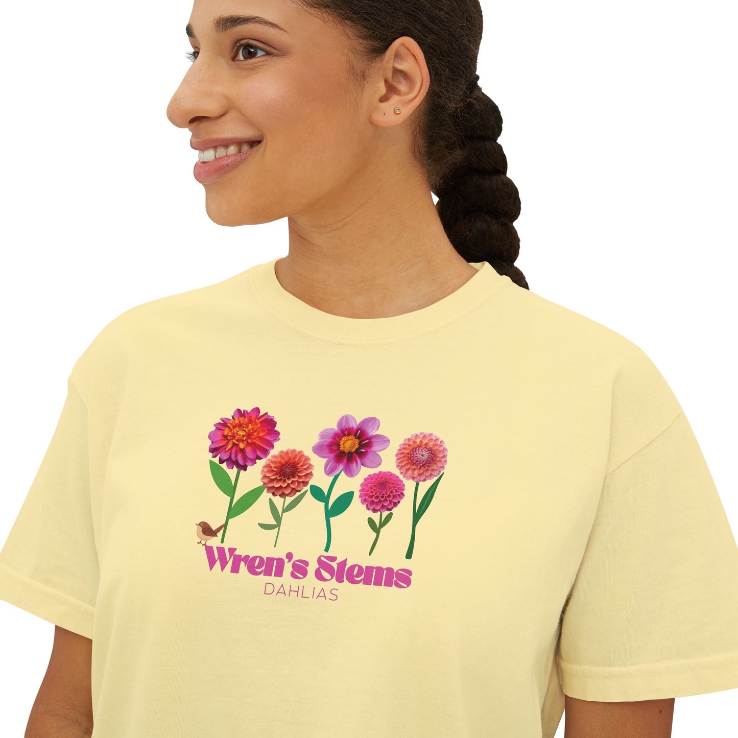 Floral Women's Boxy Tee - Wren's Stems Dahlia Tee