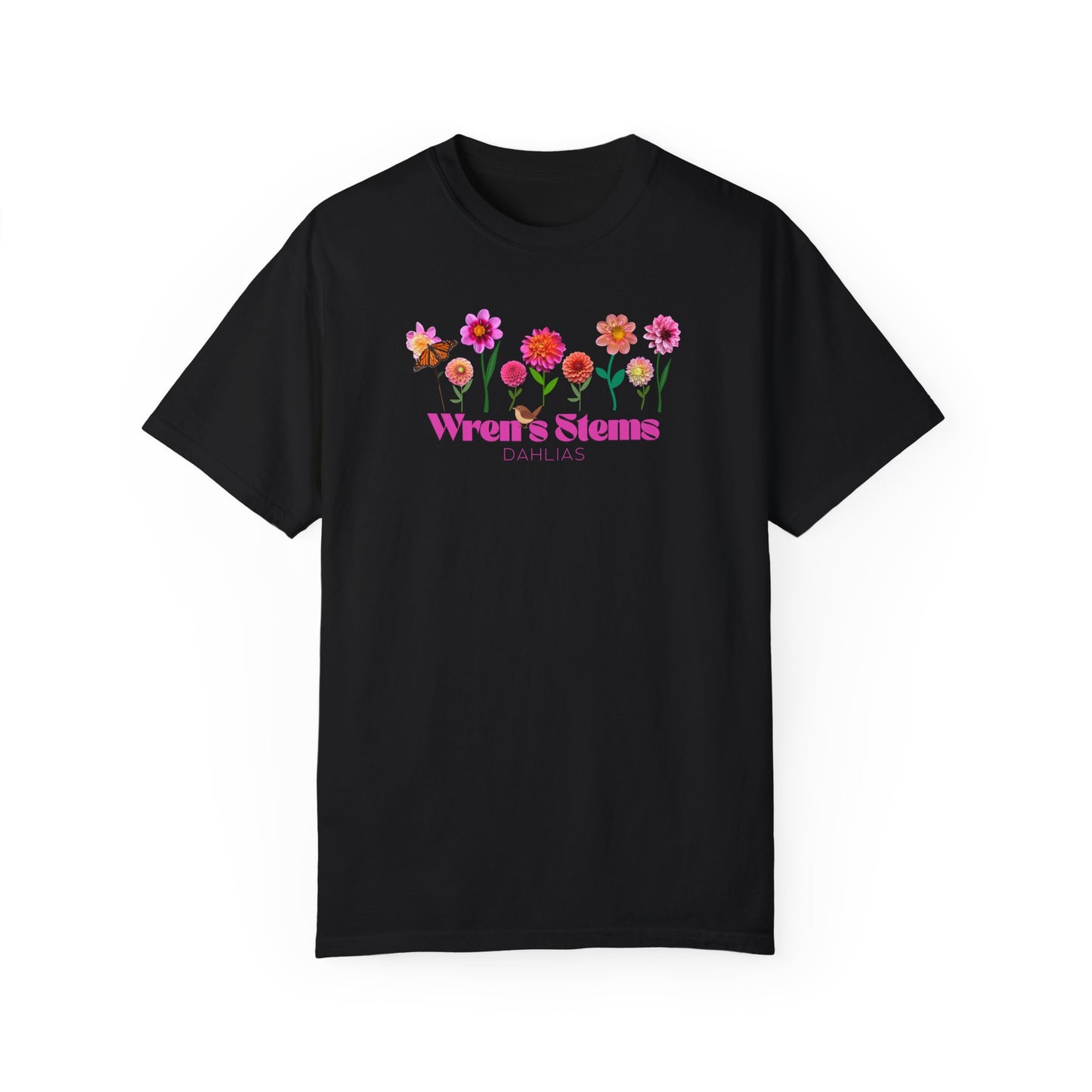 Dahlia Floral Garden T-Shirt for Nature Lovers, Gift for Her, Spring Style, Wren's Stems Dahlias, Summer Vibe