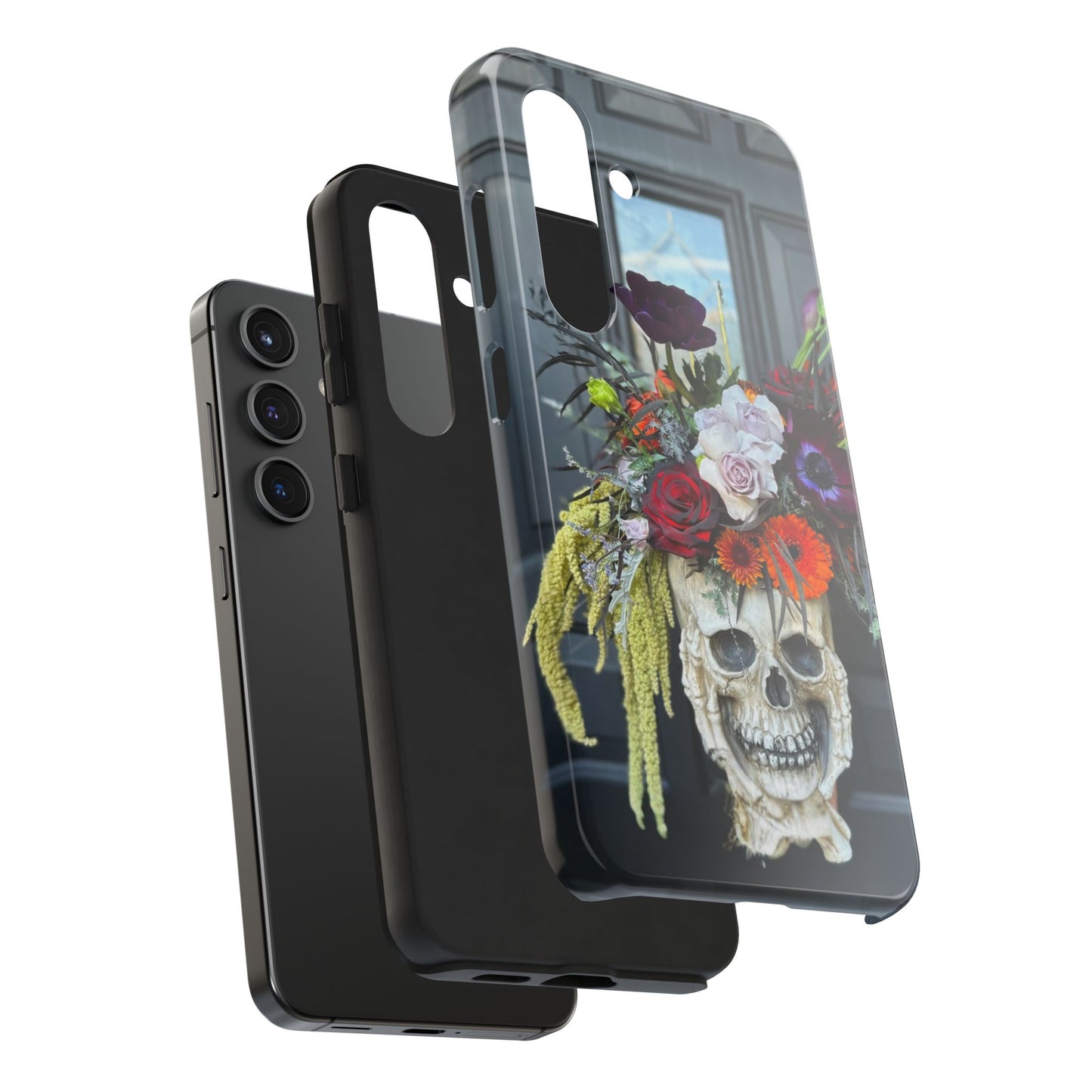 Floral Skull Tough Phone Case - Durable Protection with Pink Dahlia Design
