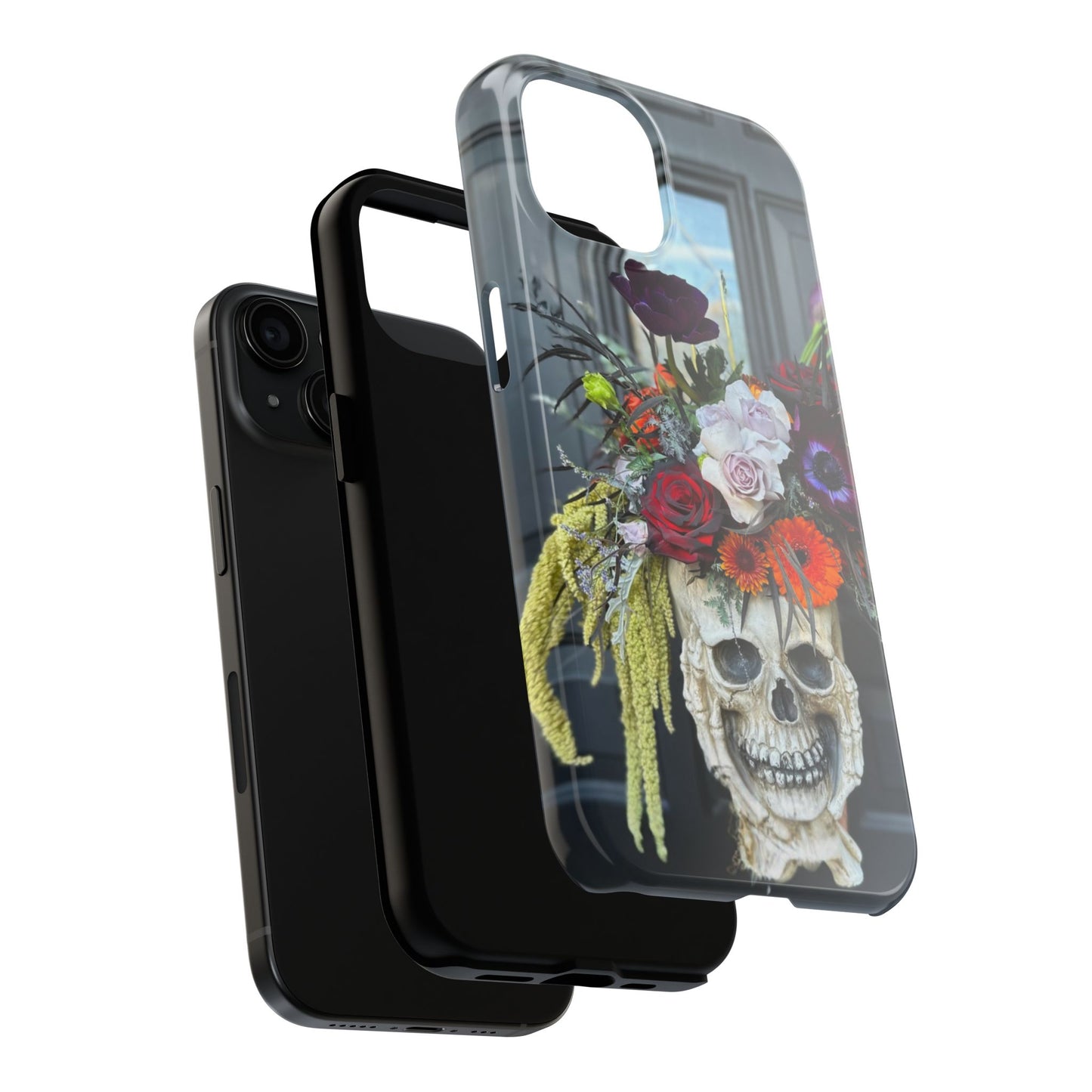 Floral Skull Tough Phone Case - Durable Protection with Pink Dahlia Design