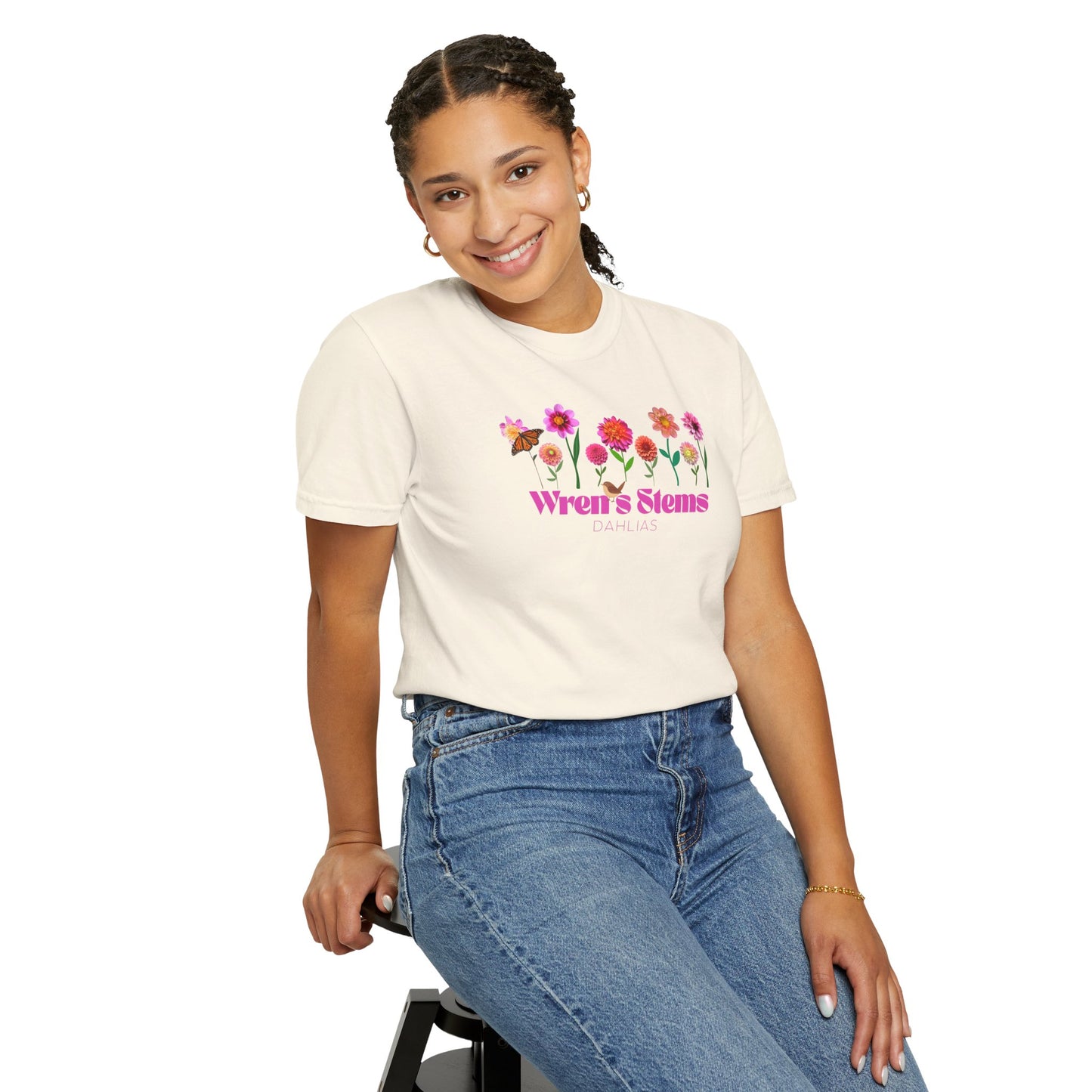Dahlia Floral Garden T-Shirt for Nature Lovers, Gift for Her, Spring Style, Wren's Stems Dahlias, Summer Vibe