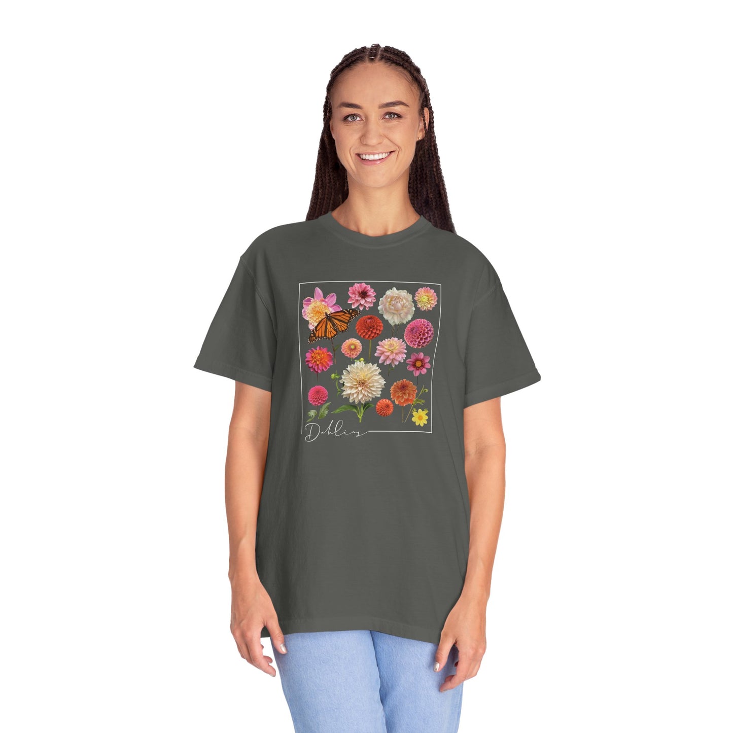 Dahlia Floral Butterfly Unisex Garment-Dyed T-Shirt - Perfect for Spring Celebrations