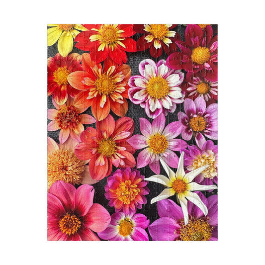 Floral Burst Jigsaw Puzzle — Colorful Dahlia Flatlay Collage, 110–520 Piece