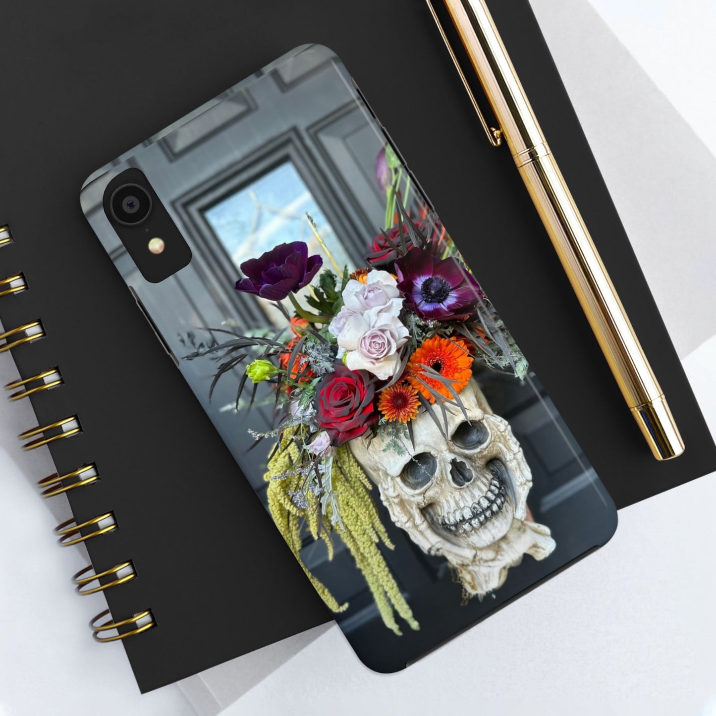 Floral Skull Tough Phone Case - Durable Protection with Pink Dahlia Design