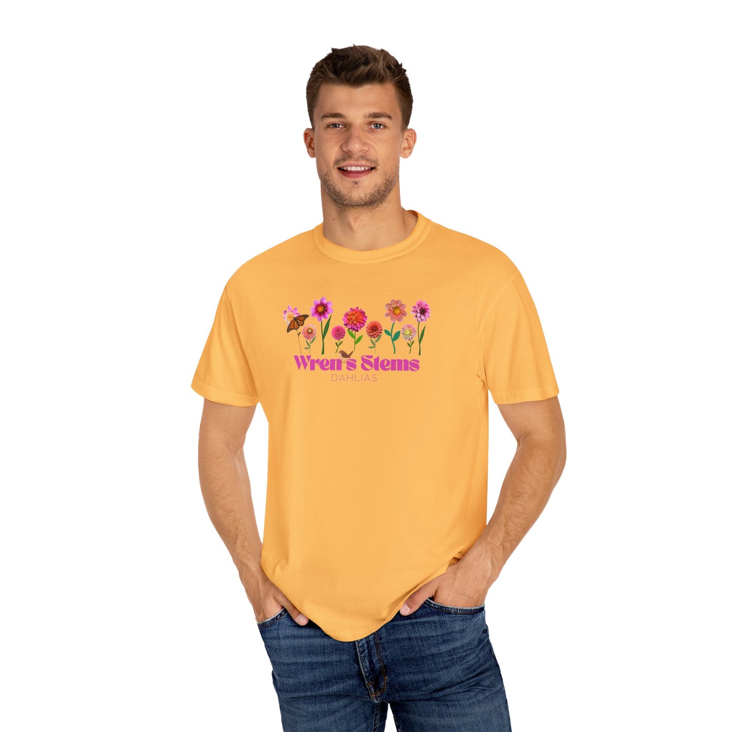 Dahlia Floral Garden T-Shirt for Nature Lovers, Gift for Her, Spring Style, Wren's Stems Dahlias, Summer Vibe